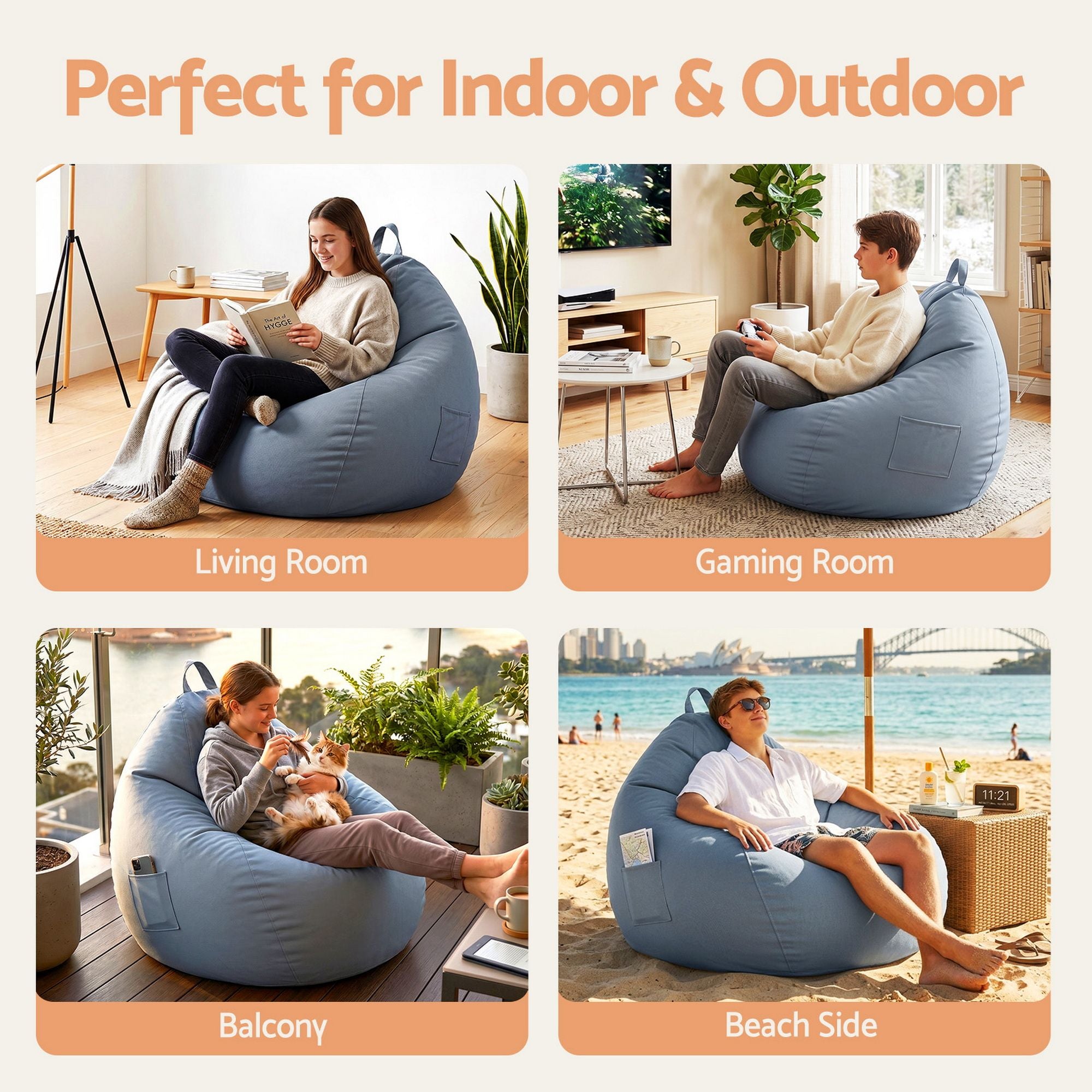 Outdoor Bean Bag Chair Cover (No Filler) Splash-Proof Beanbag Sofacover for Adults Teens Kids Stuffable Bean Bag Cover for Patio Poolside Relaxing, Grey