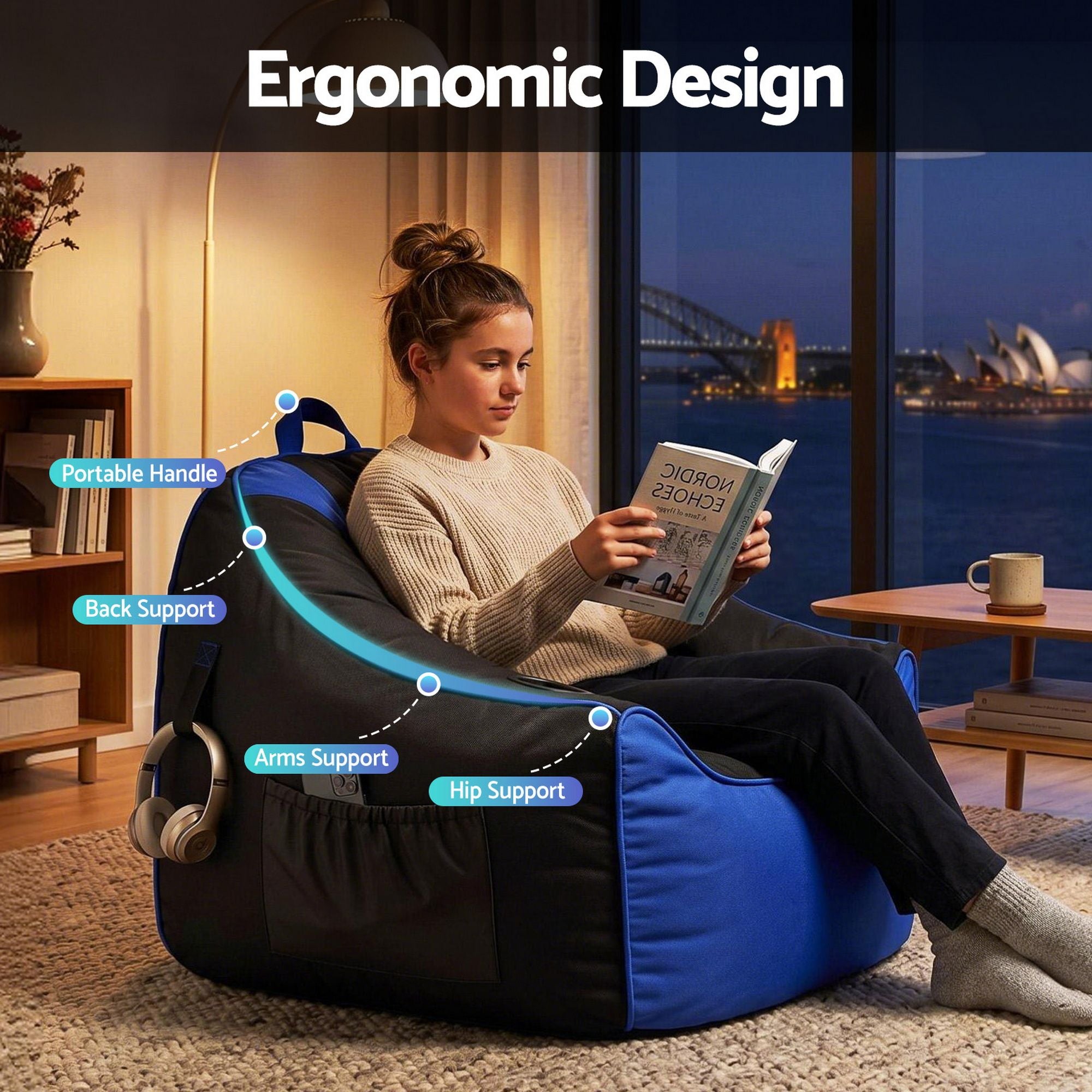 Gaming Bean Bag Chair Cover (No Filler) for Adults Teens Kids Splash-Proof Floor Gaming Chair Cover with Side Pockets, Headphone Hanger, Cup Holder, Bean Bag Cover Only