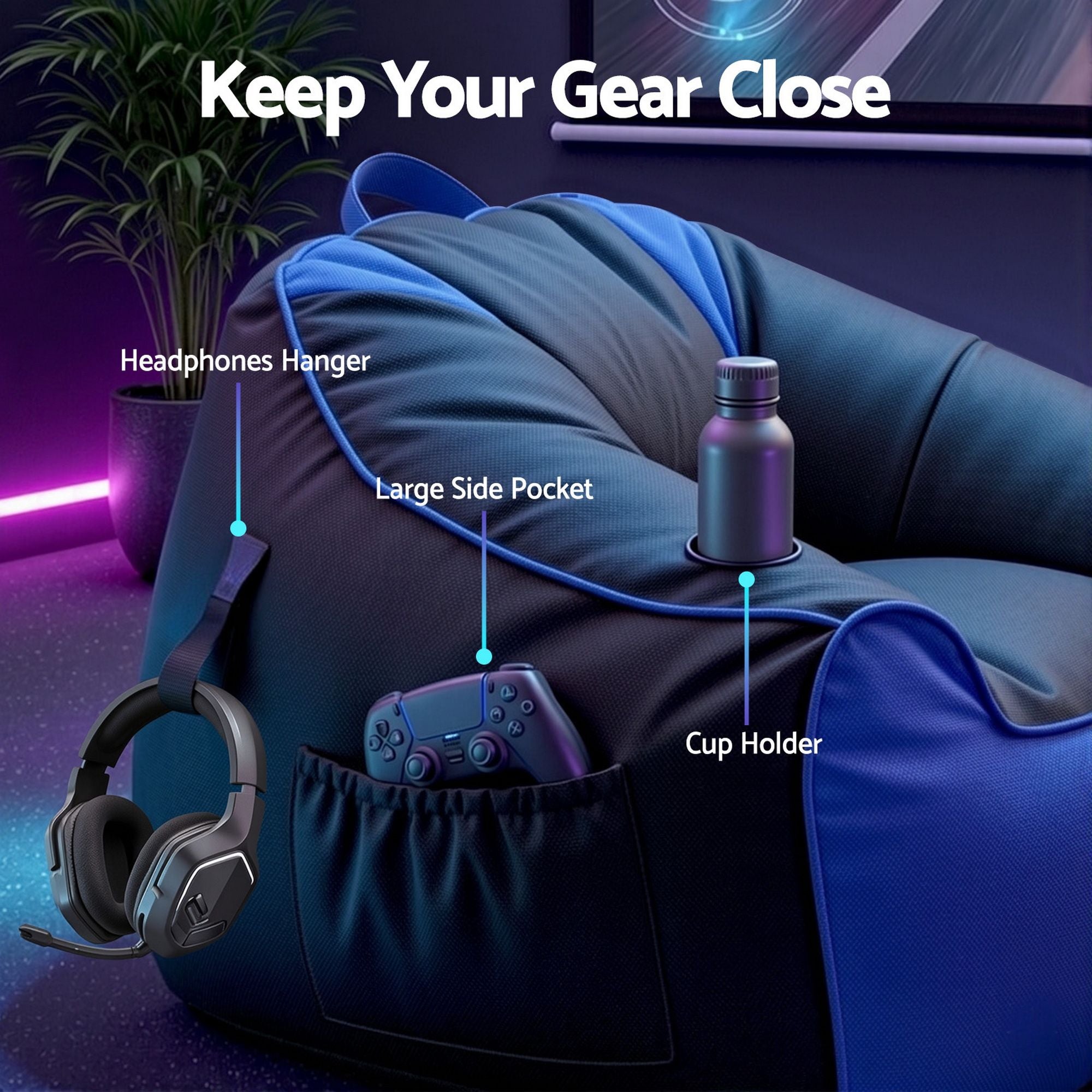 Gaming Bean Bag Chair Cover (No Filler) for Adults Teens Kids Splash-Proof Floor Gaming Chair Cover with Side Pockets, Headphone Hanger, Cup Holder, Bean Bag Cover Only