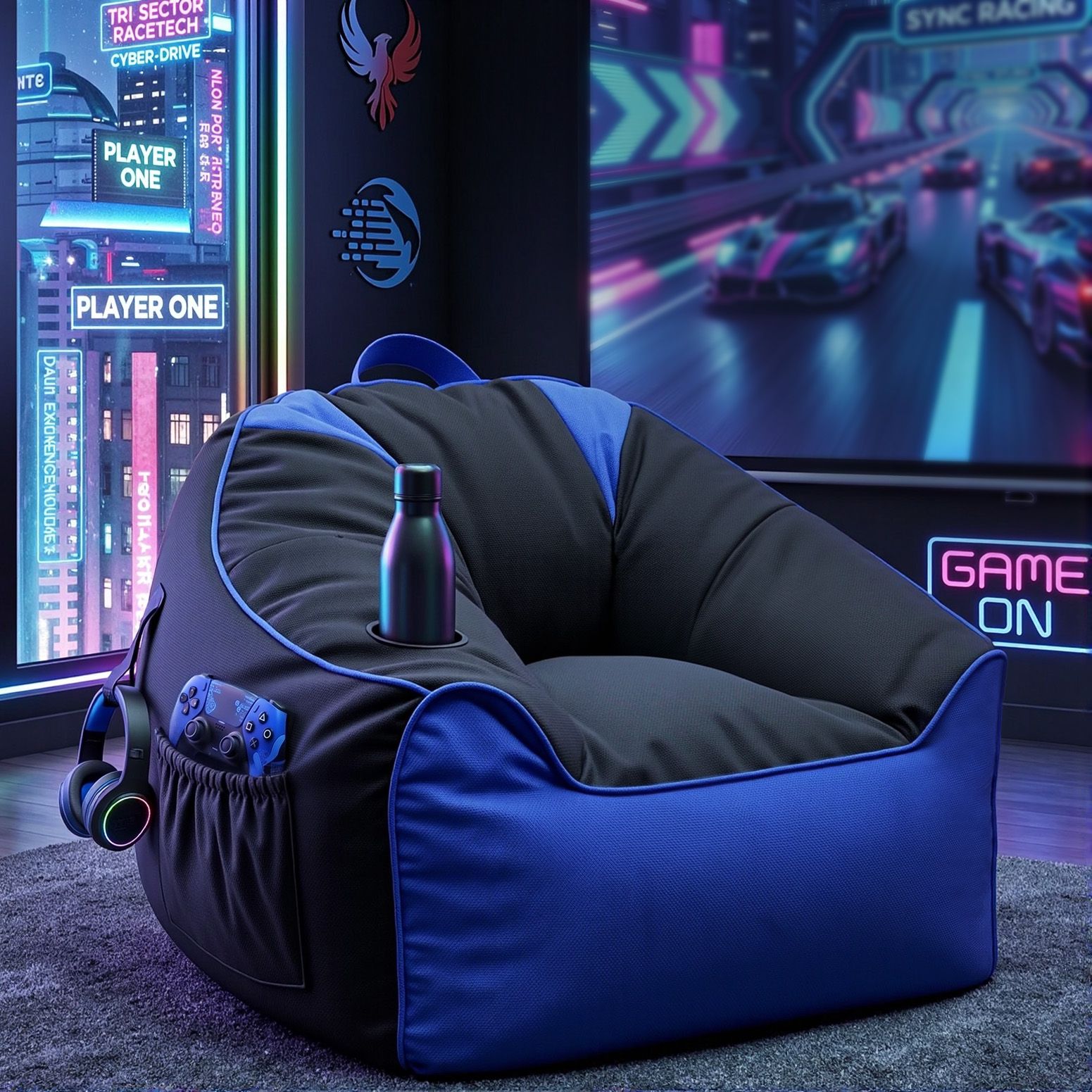 Gaming Bean Bag Chair Cover (No Filler) for Adults Teens Kids Splash-Proof Floor Gaming Chair Cover with Side Pockets, Headphone Hanger, Cup Holder, Bean Bag Cover Only