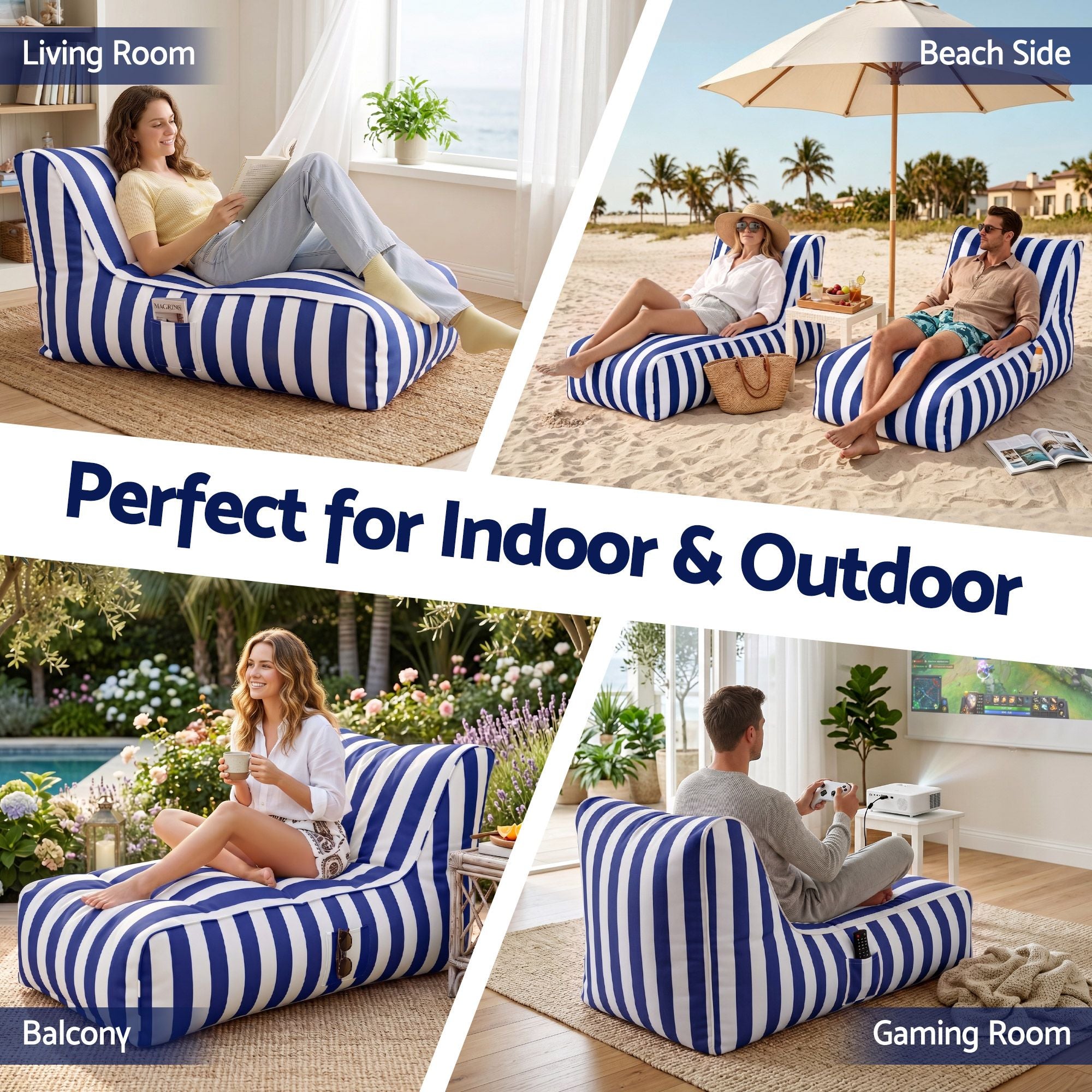 Outdoor Bean Bag Chair Cover (No Filler) Splash-Proof Beanbag Lounge Sofacover Stuffed Animal Storage Bean Bag Cover for Patio Poolside Relaxing, Blue