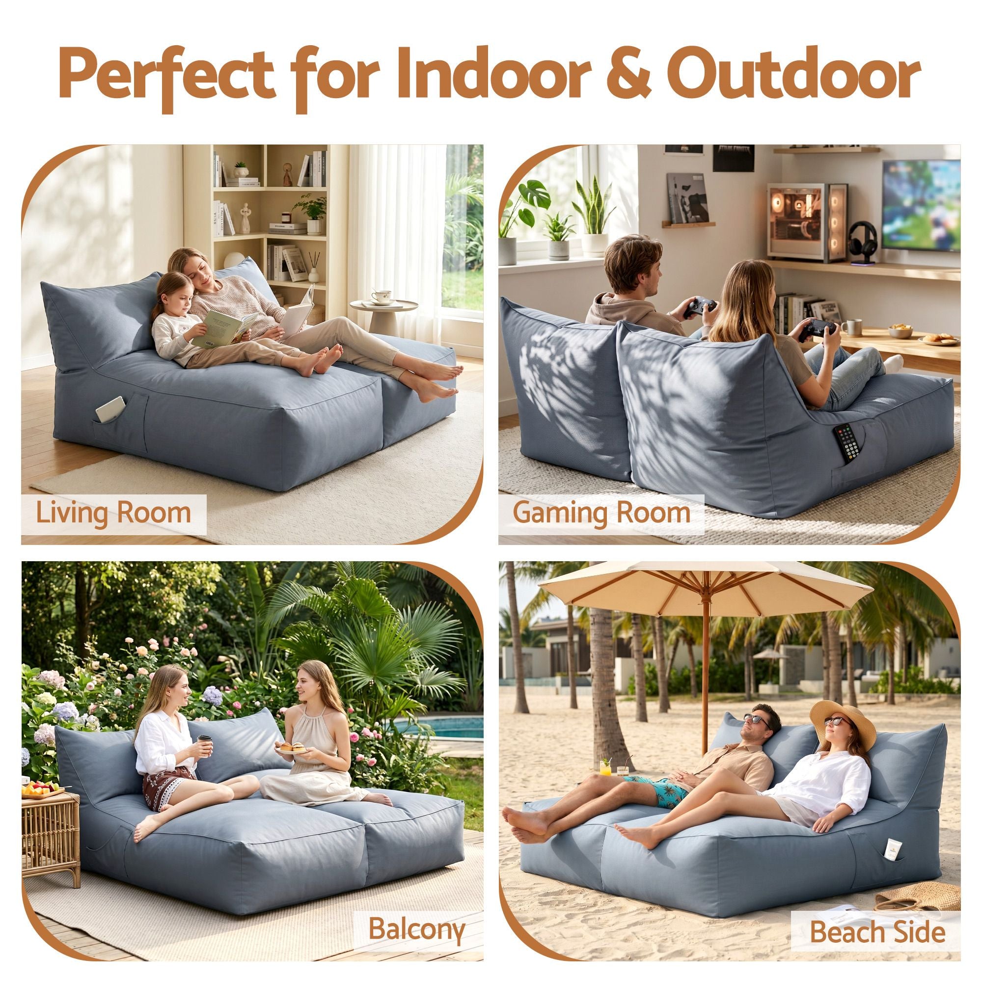Outdoor Bean Bag Chair Cover (No Filler) 2 Seater Beanbag Lounge Sofacover Adults Splash-Proof Large Bean Bag Cover for Patio Poolside Relaxing Indoor, Grey