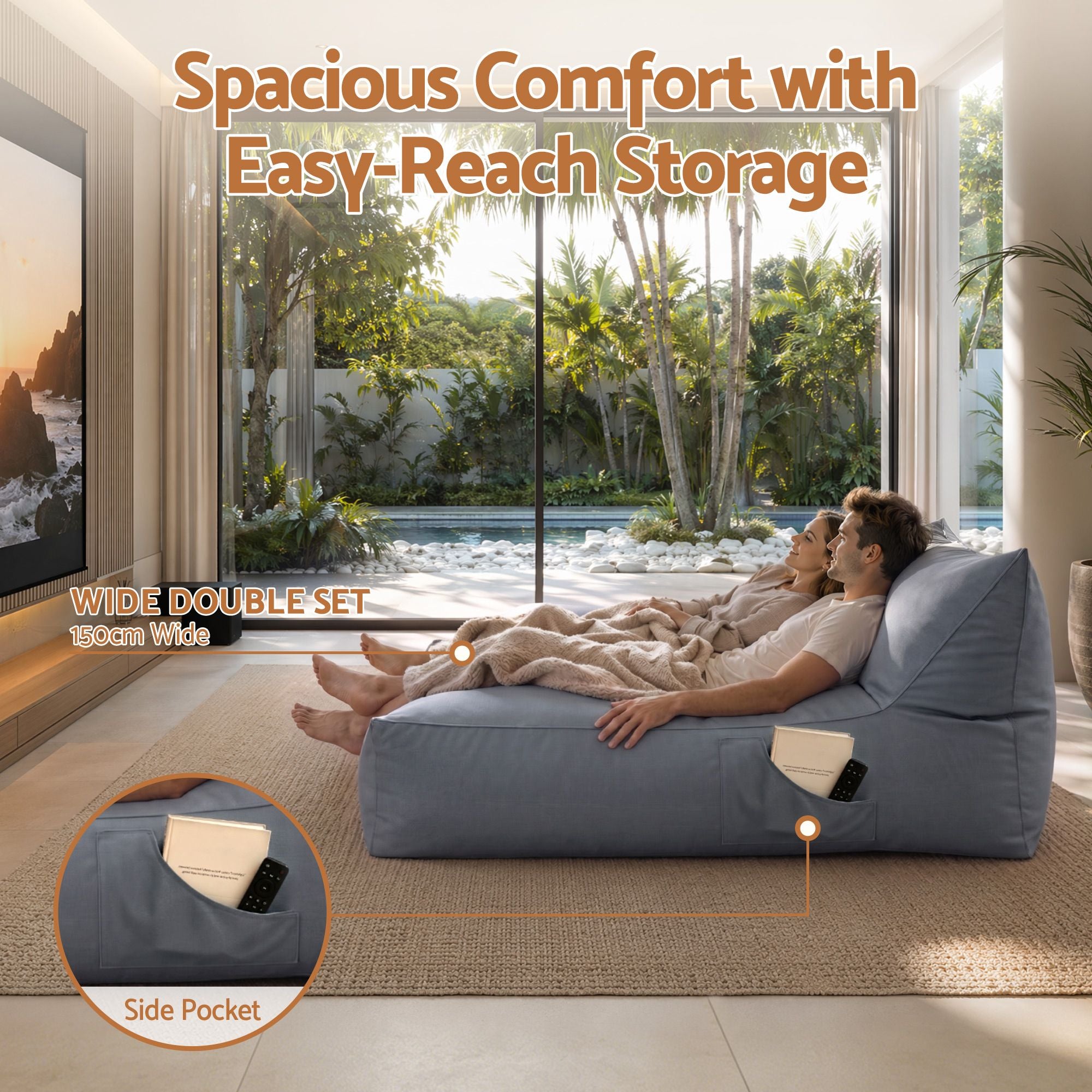 Outdoor Bean Bag Chair Cover (No Filler) 2 Seater Beanbag Lounge Sofacover Adults Splash-Proof Large Bean Bag Cover for Patio Poolside Relaxing Indoor, Grey