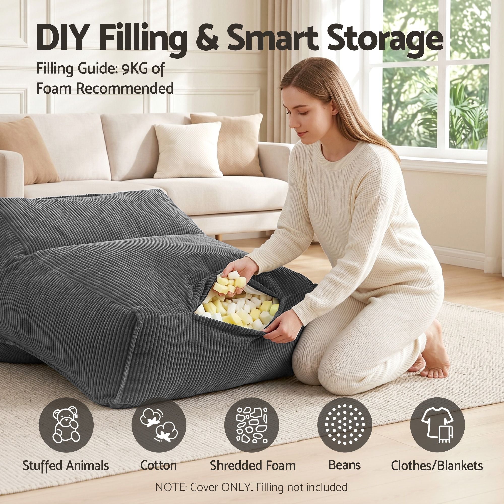 Bean Bag Chair Cover (No Filler) Soft Corduroy Stuffed Animal Storage Bean Bag Cover for Adults, Washable Lazy Sofa Cover for Living Room Bedroom, Grey