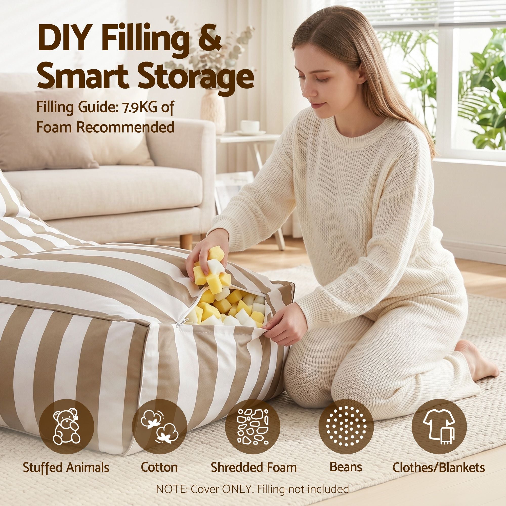 Outdoor Bean Bag Chair Cover (No Filler) Splash-Proof Beanbag Lounge Sofacover Stuffed Animal Storage Bean Bag Cover for Patio Poolside Relaxing, Taupe