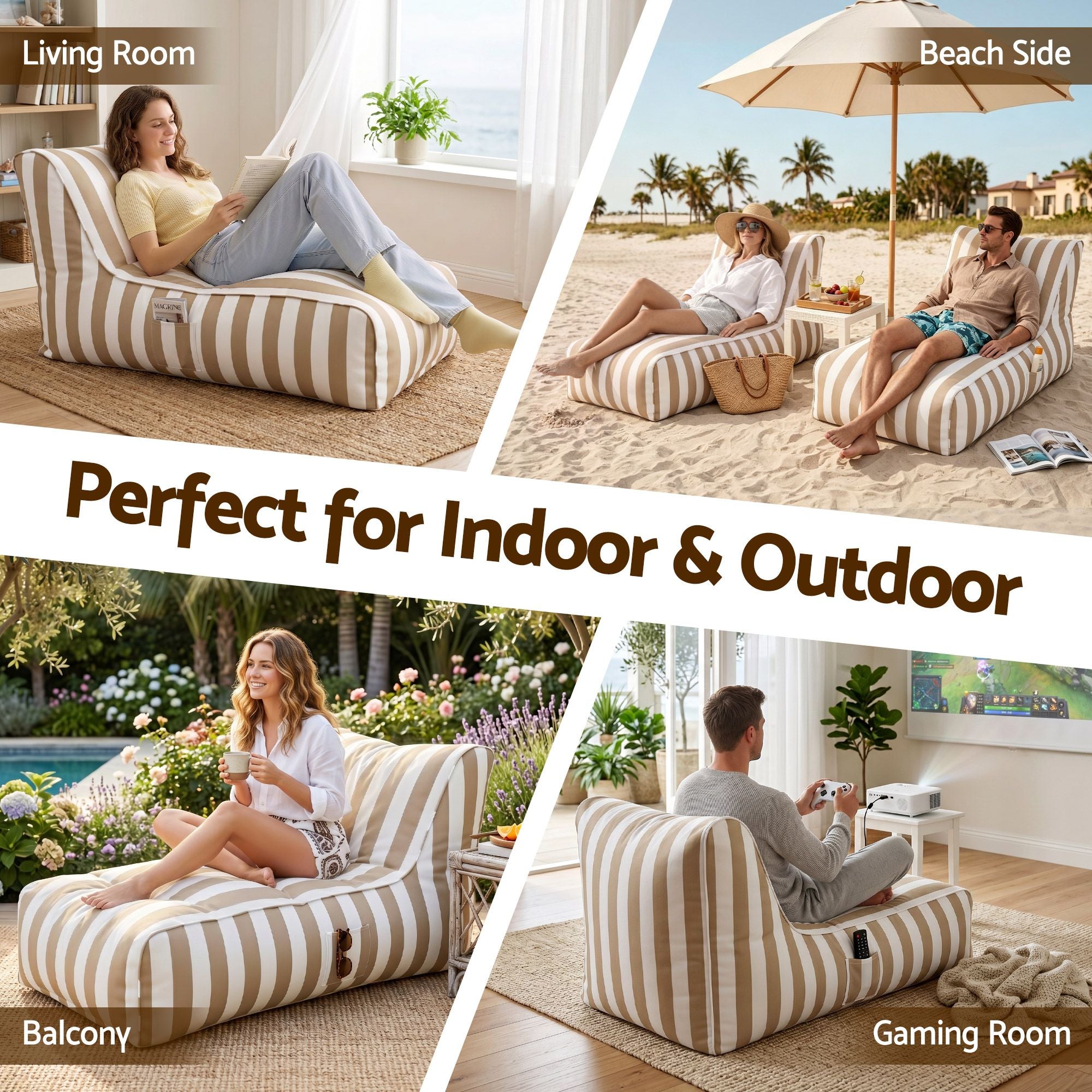 Outdoor Bean Bag Chair Cover (No Filler) Splash-Proof Beanbag Lounge Sofacover Stuffed Animal Storage Bean Bag Cover for Patio Poolside Relaxing, Taupe