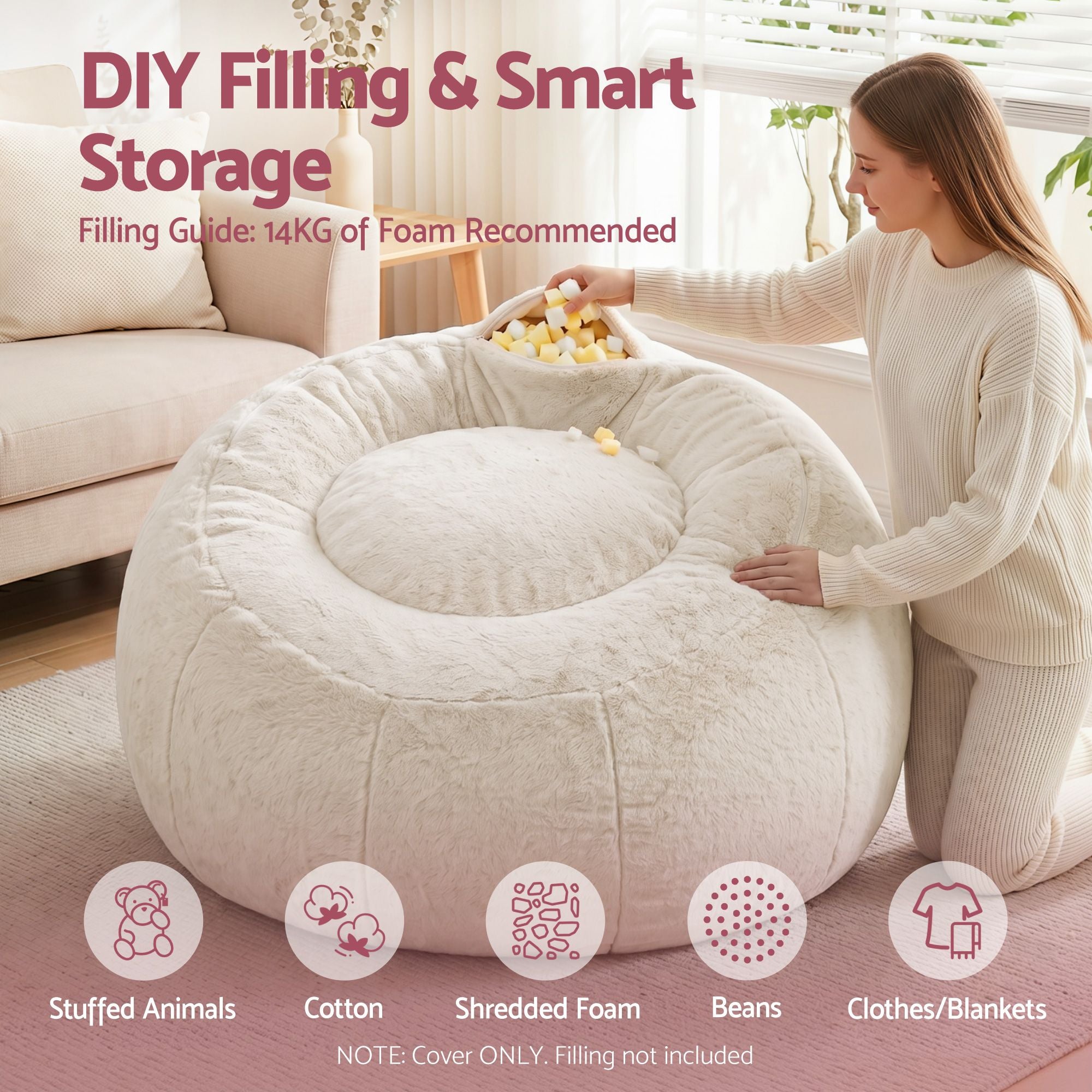 Bean Bag Chair Cover (No Filler) Soft Faux Fur Beanbag Cover Large Round Stuffed Animal Storage Bean Bag Cover Washable Lazy Sofa Cover for Adults Kids Teens, Beige