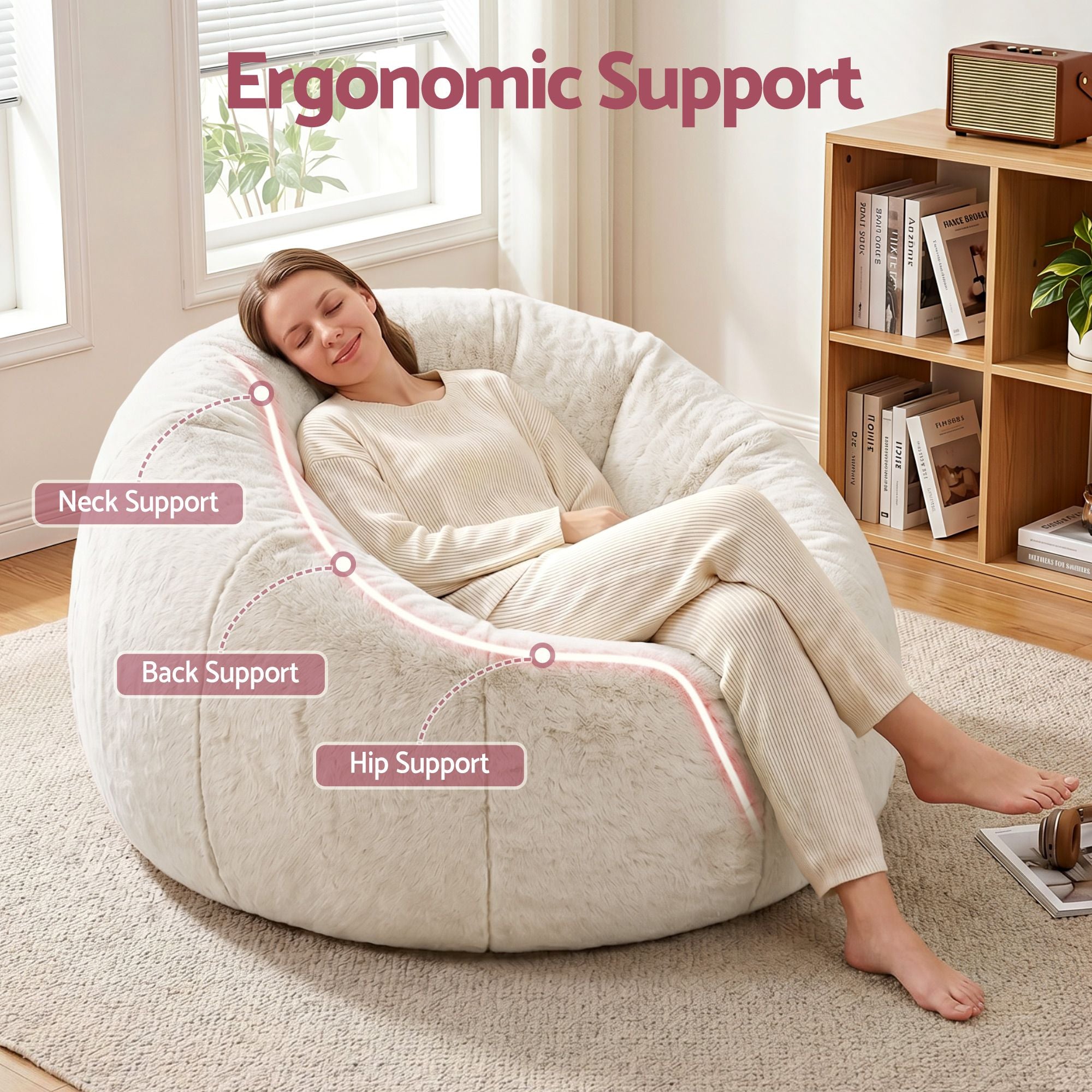 Bean Bag Chair Cover (No Filler) Soft Faux Fur Beanbag Cover Large Round Stuffed Animal Storage Bean Bag Cover Washable Lazy Sofa Cover for Adults Kids Teens, Beige