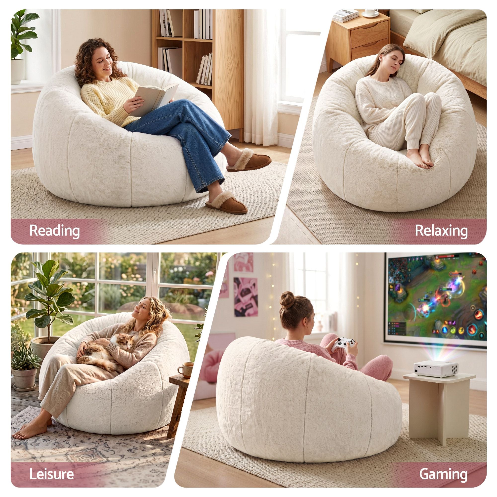 Bean Bag Chair Cover (No Filler) Soft Faux Fur Beanbag Cover Large Round Stuffed Animal Storage Bean Bag Cover Washable Lazy Sofa Cover for Adults Kids Teens, Beige