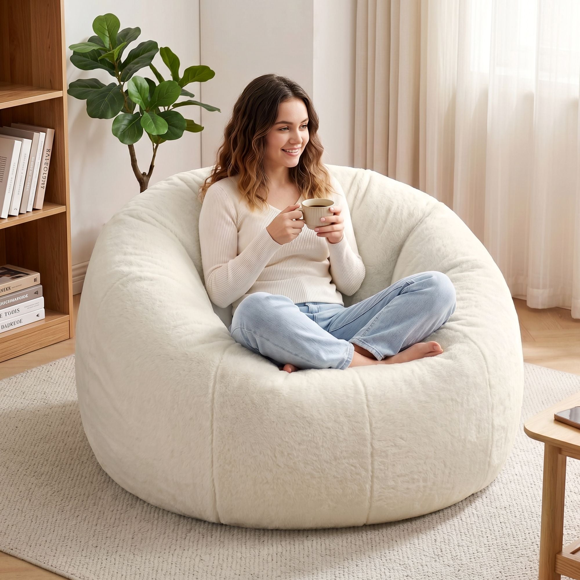 Bean Bag Chair Cover (No Filler) Soft Faux Fur Beanbag Cover Large Round Stuffed Animal Storage Bean Bag Cover Washable Lazy Sofa Cover for Adults Kids Teens, Beige