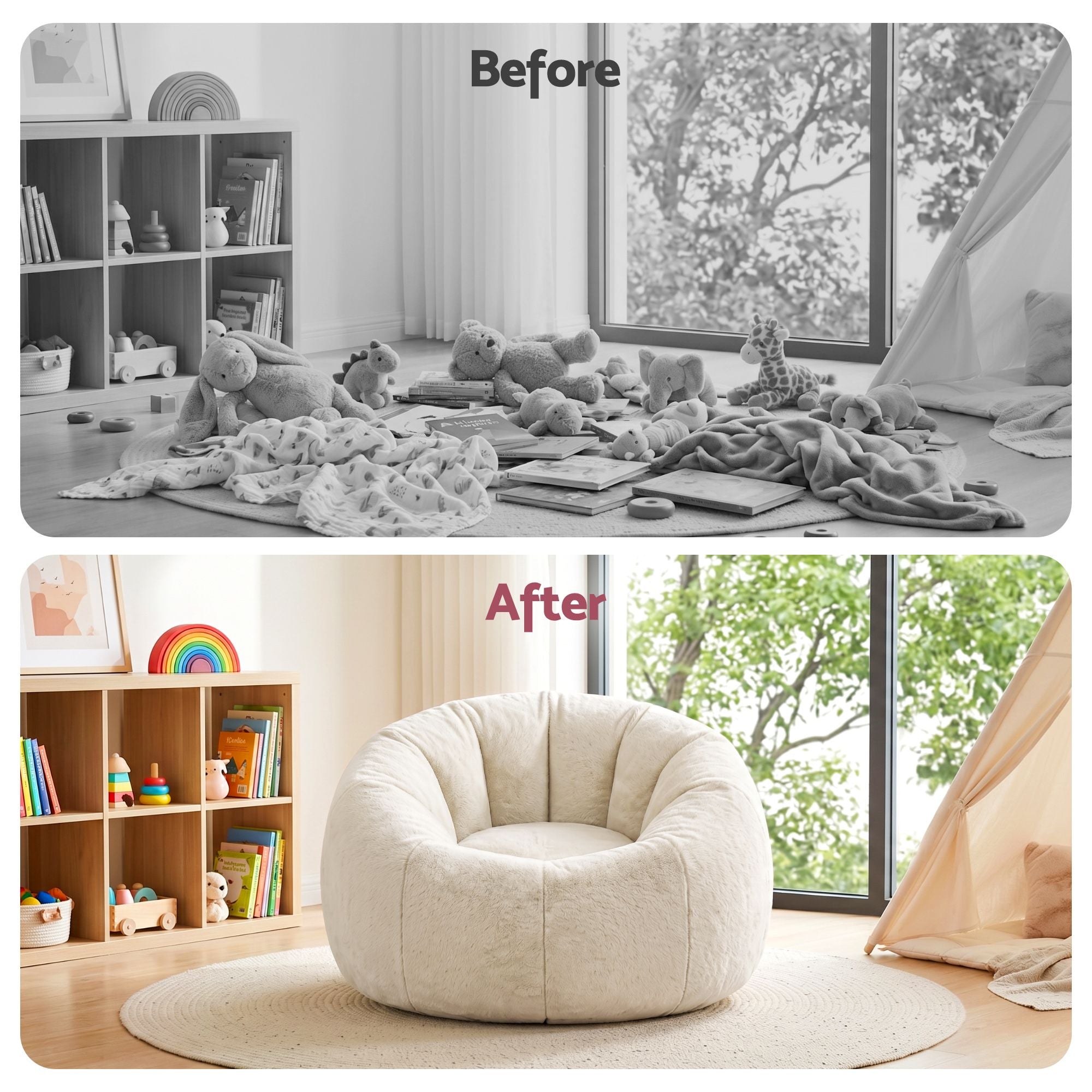 Bean Bag Chair Cover (No Filler) Soft Faux Fur Beanbag Cover Large Round Stuffed Animal Storage Bean Bag Cover Washable Lazy Sofa Cover for Adults Kids Teens, Beige