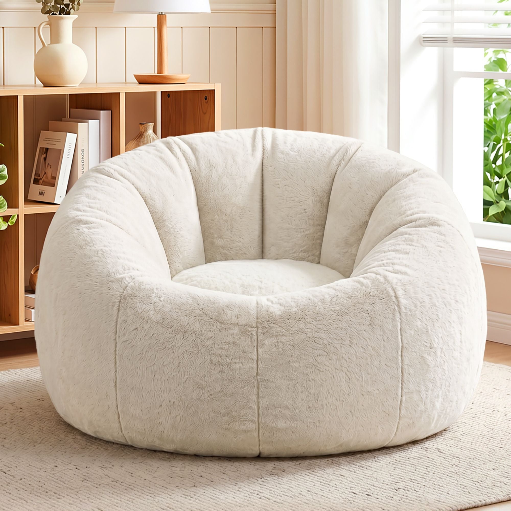 Bean Bag Chair Cover (No Filler) Soft Faux Fur Beanbag Cover Large Round Stuffed Animal Storage Bean Bag Cover Washable Lazy Sofa Cover for Adults Kids Teens, Beige