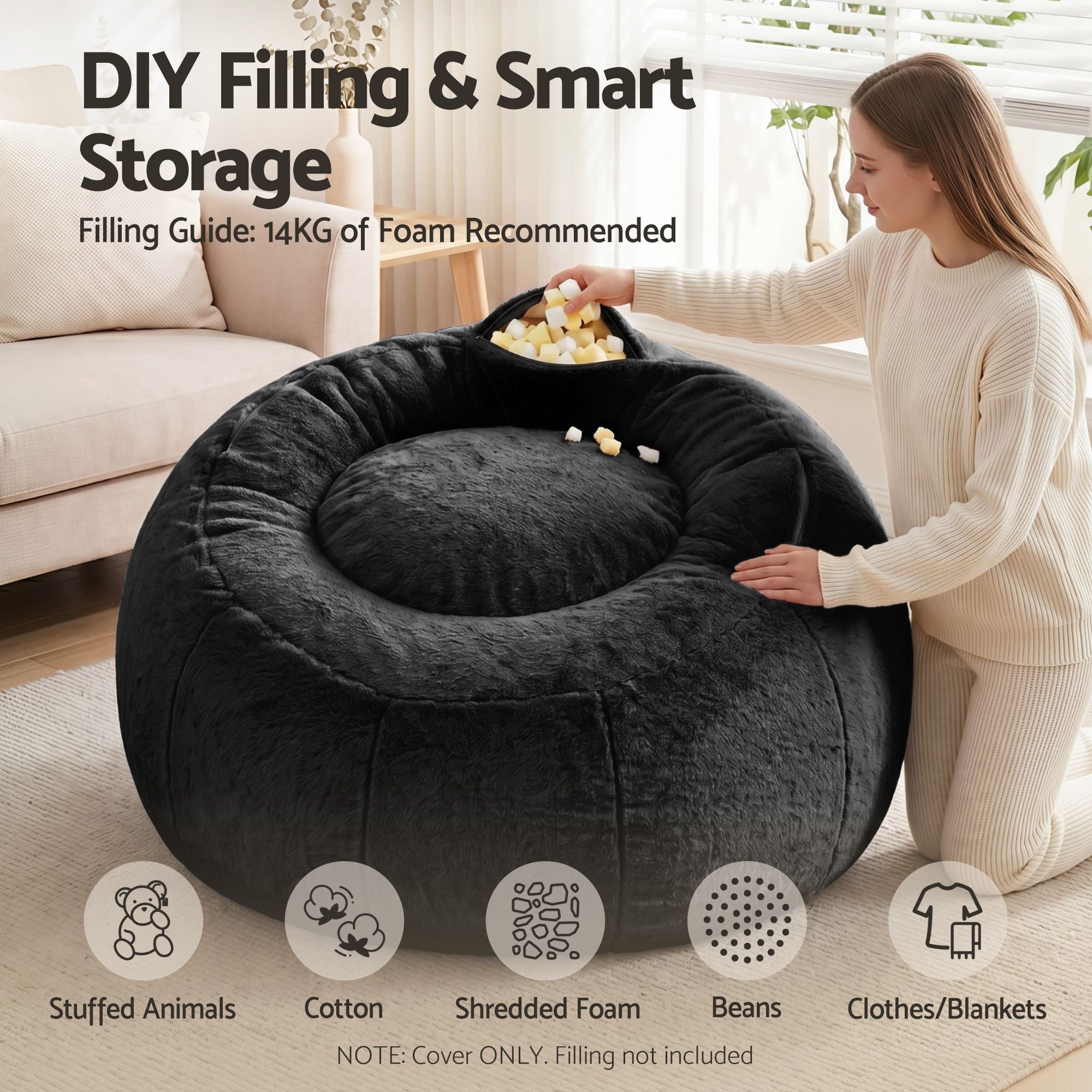 Bean Bag Chair Cover (No Filler) Soft Faux Fur Beanbag Cover Large Round Stuffed Animal Storage Bean Bag Cover Washable Lazy Sofa Cover for Adults Kids Teens, Black