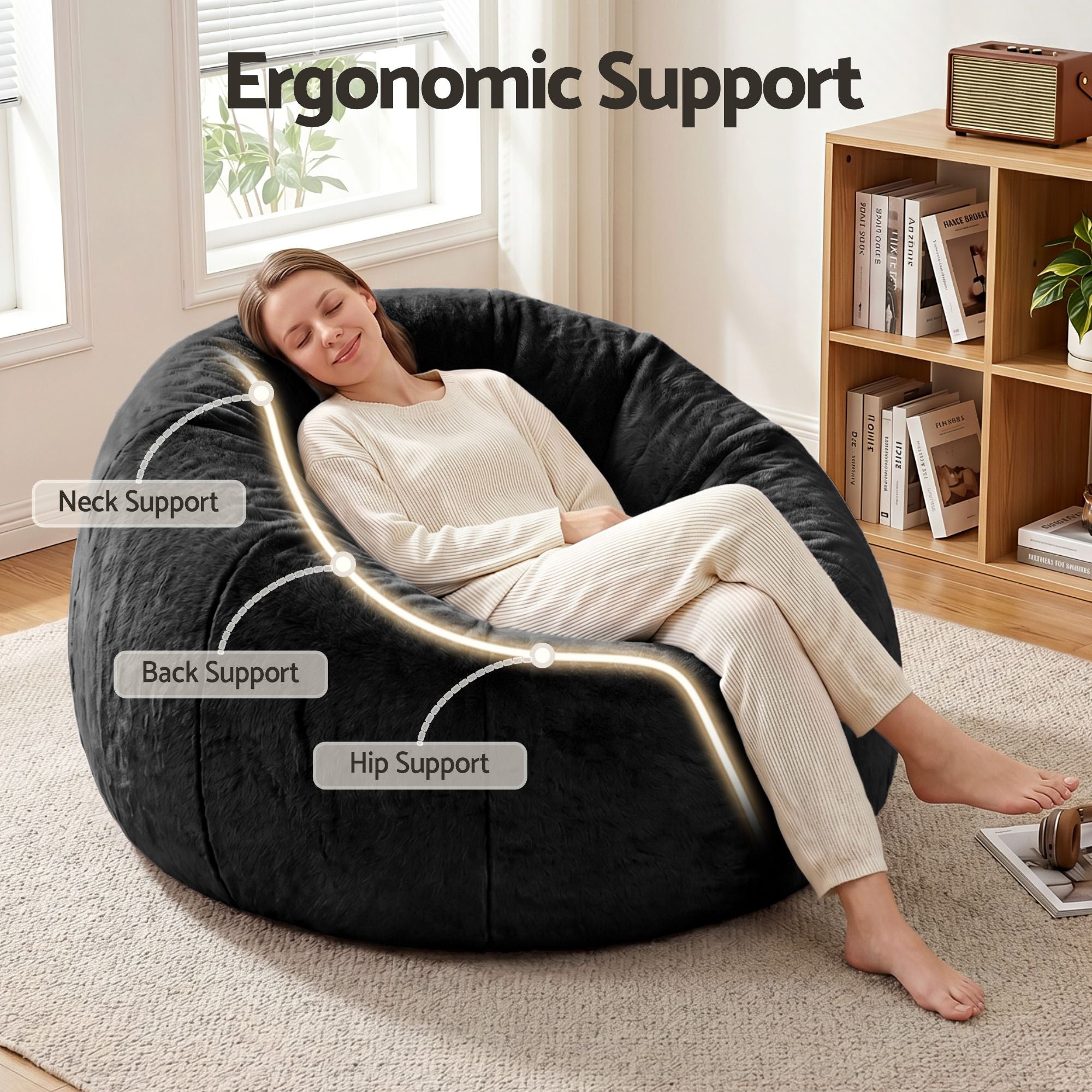 Bean Bag Chair Cover (No Filler) Soft Faux Fur Beanbag Cover Large Round Stuffed Animal Storage Bean Bag Cover Washable Lazy Sofa Cover for Adults Kids Teens, Black