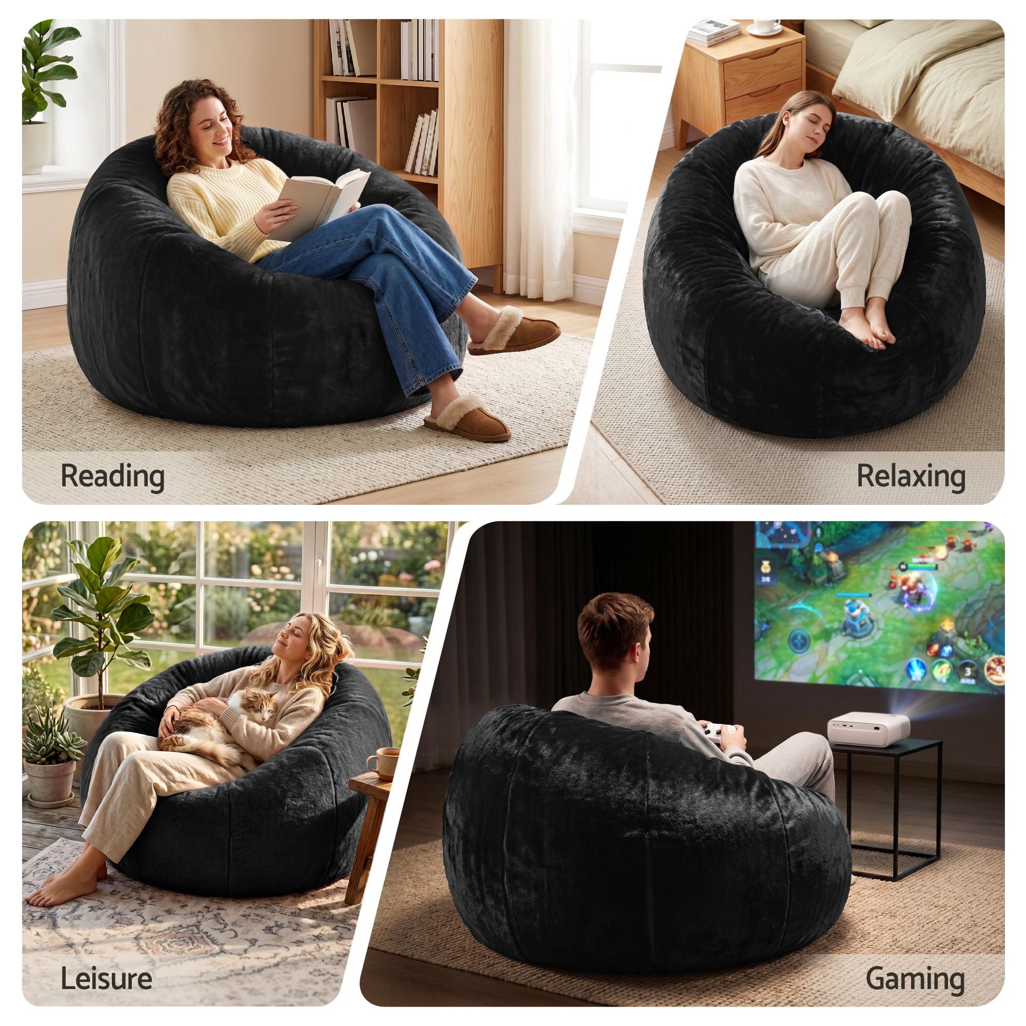 Bean Bag Chair Cover (No Filler) Soft Faux Fur Beanbag Cover Large Round Stuffed Animal Storage Bean Bag Cover Washable Lazy Sofa Cover for Adults Kids Teens, Black