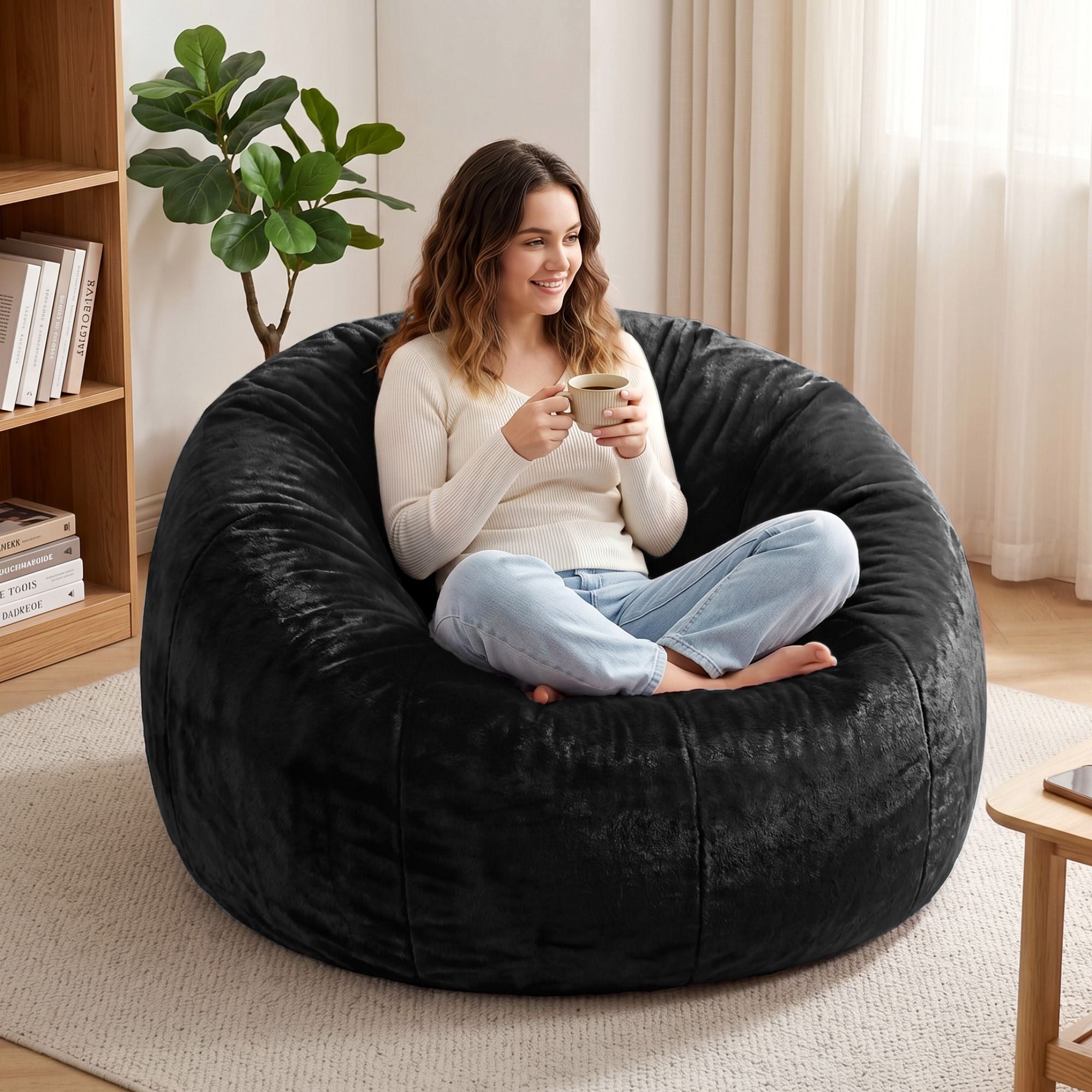 Bean Bag Chair Cover (No Filler) Soft Faux Fur Beanbag Cover Large Round Stuffed Animal Storage Bean Bag Cover Washable Lazy Sofa Cover for Adults Kids Teens, Black
