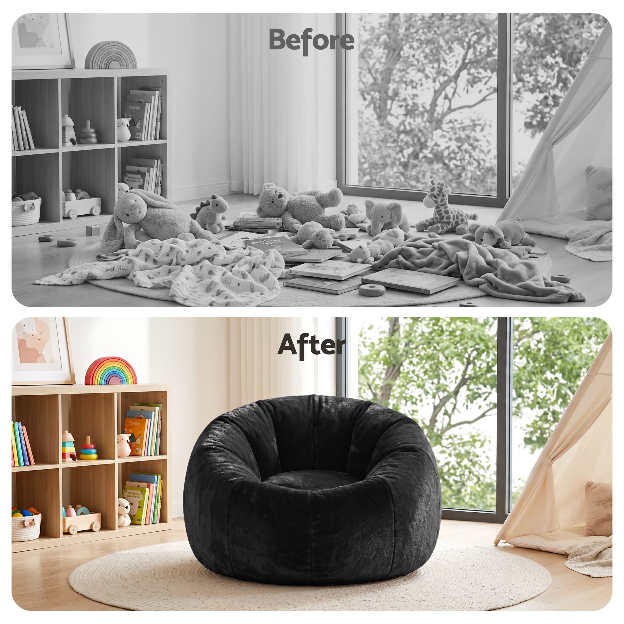 Bean Bag Chair Cover (No Filler) Soft Faux Fur Beanbag Cover Large Round Stuffed Animal Storage Bean Bag Cover Washable Lazy Sofa Cover for Adults Kids Teens, Black