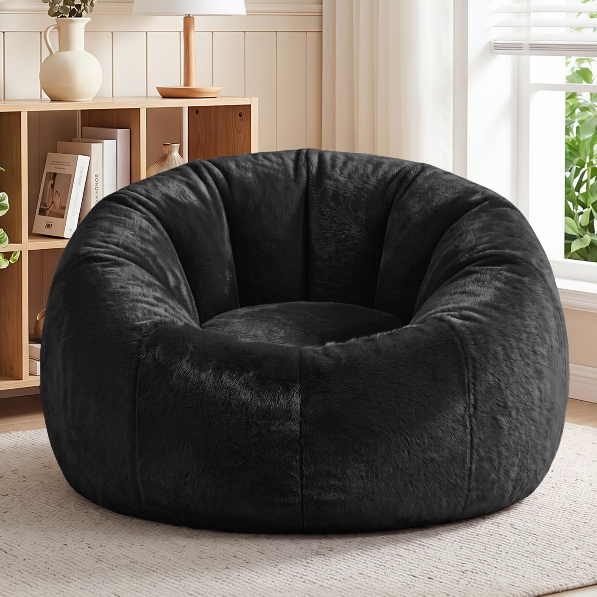 Bean Bag Chair Cover (No Filler) Soft Faux Fur Beanbag Cover Large Round Stuffed Animal Storage Bean Bag Cover Washable Lazy Sofa Cover for Adults Kids Teens, Black