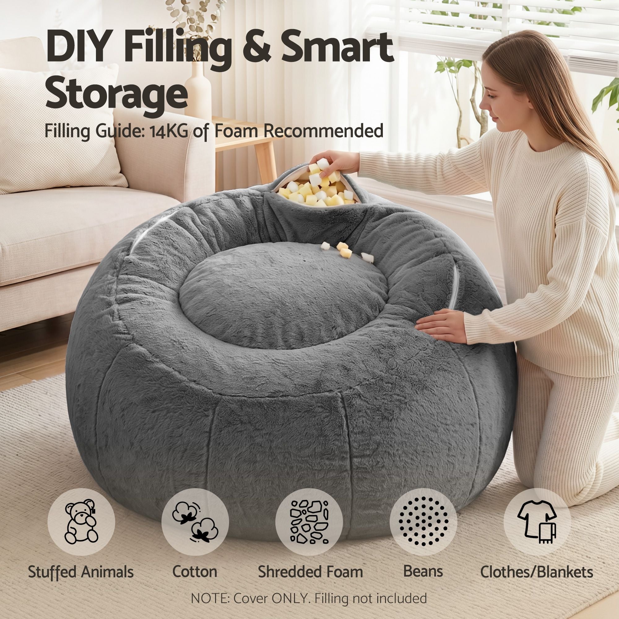 Bean Bag Chair Cover (No Filler) Soft Faux Fur Beanbag Cover Large Round Stuffed Animal Storage Bean Bag Cover Washable Lazy Sofa Cover for Adults Kids Teens, Grey