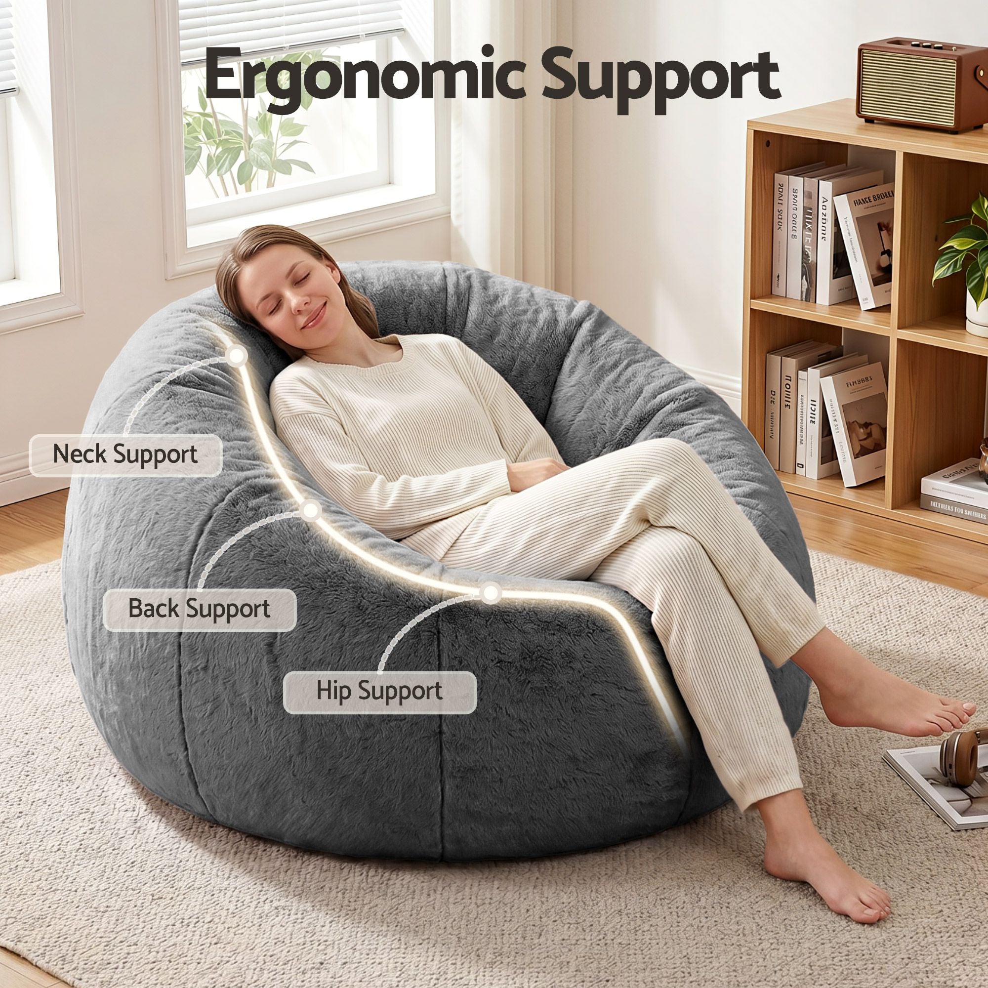 Bean Bag Chair Cover (No Filler) Soft Faux Fur Beanbag Cover Large Round Stuffed Animal Storage Bean Bag Cover Washable Lazy Sofa Cover for Adults Kids Teens, Grey
