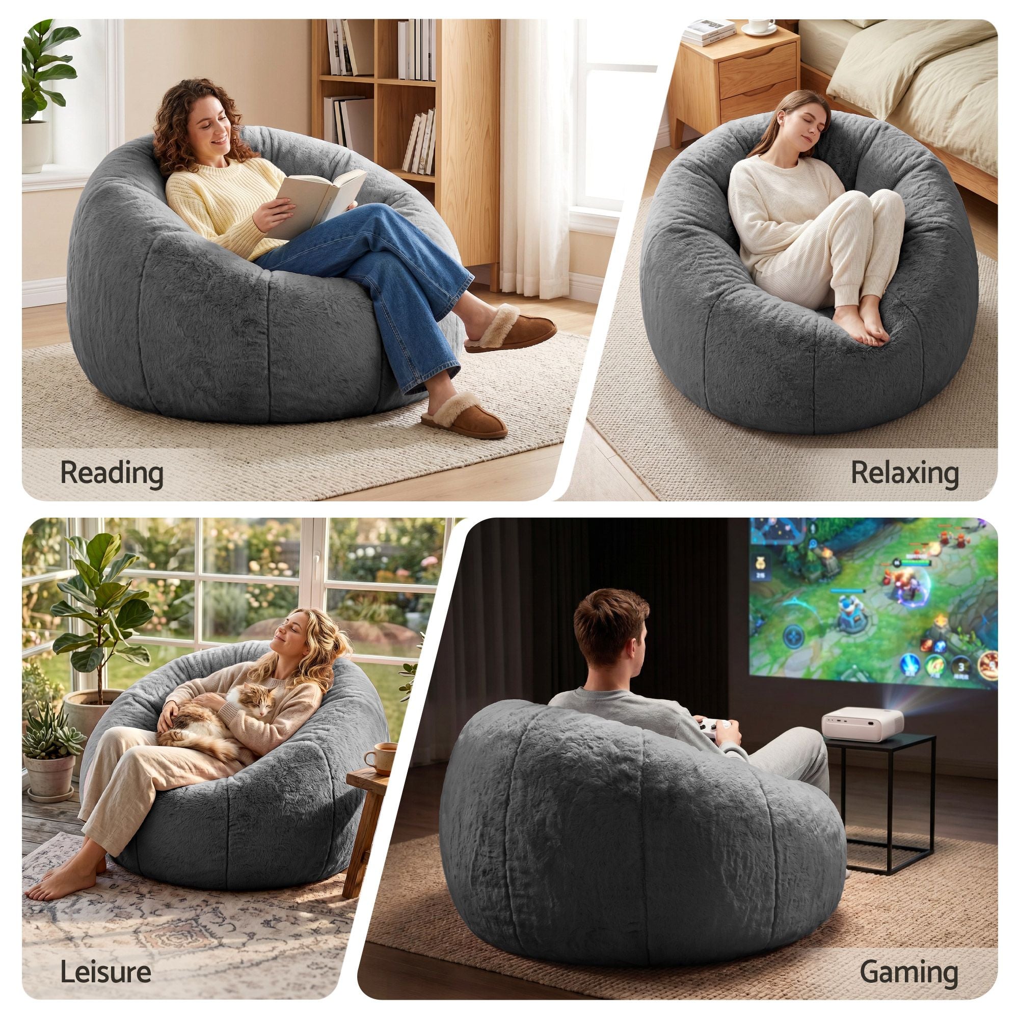 Bean Bag Chair Cover (No Filler) Soft Faux Fur Beanbag Cover Large Round Stuffed Animal Storage Bean Bag Cover Washable Lazy Sofa Cover for Adults Kids Teens, Grey