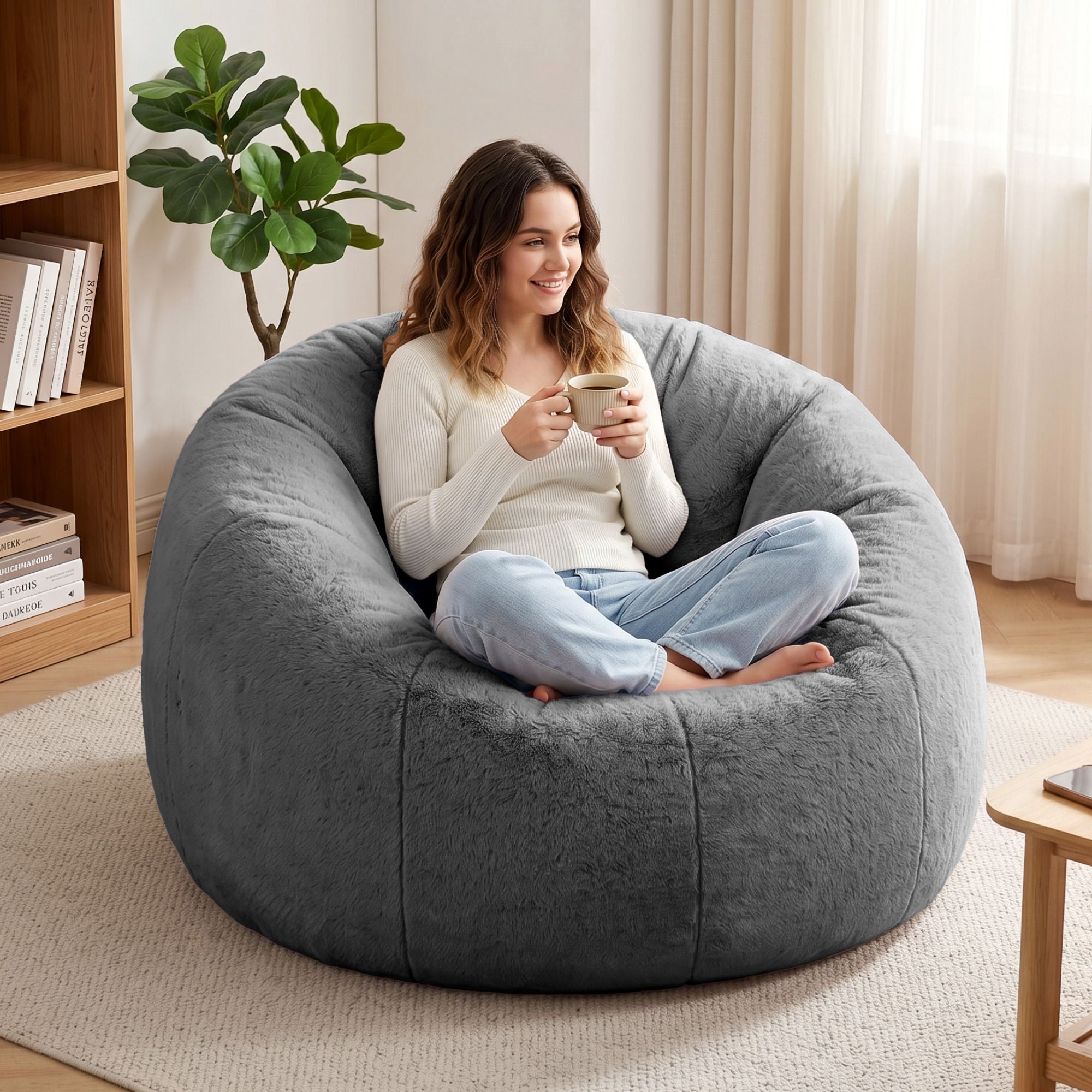 Bean Bag Chair Cover (No Filler) Soft Faux Fur Beanbag Cover Large Round Stuffed Animal Storage Bean Bag Cover Washable Lazy Sofa Cover for Adults Kids Teens, Grey