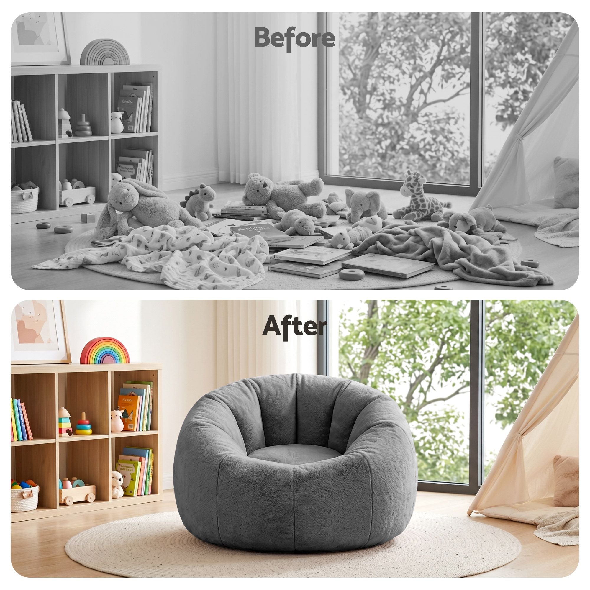 Bean Bag Chair Cover (No Filler) Soft Faux Fur Beanbag Cover Large Round Stuffed Animal Storage Bean Bag Cover Washable Lazy Sofa Cover for Adults Kids Teens, Grey