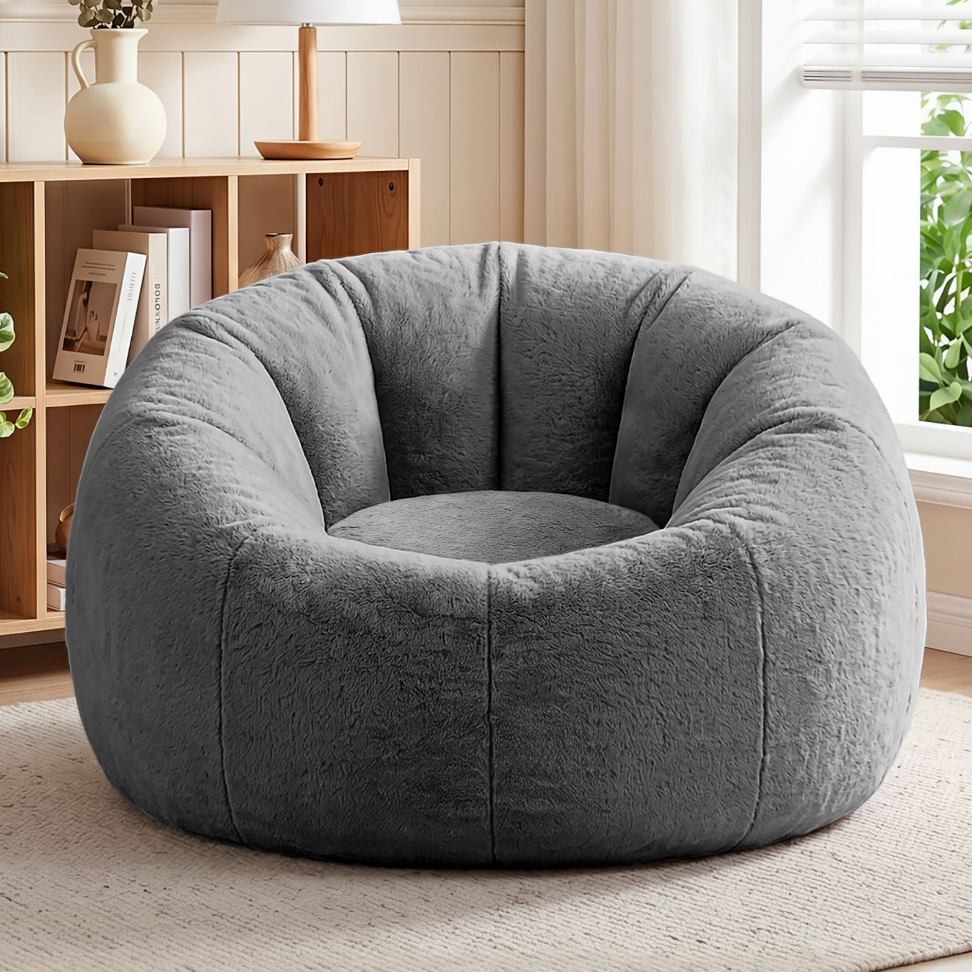 Bean Bag Chair Cover (No Filler) Soft Faux Fur Beanbag Cover Large Round Stuffed Animal Storage Bean Bag Cover Washable Lazy Sofa Cover for Adults Kids Teens, Grey