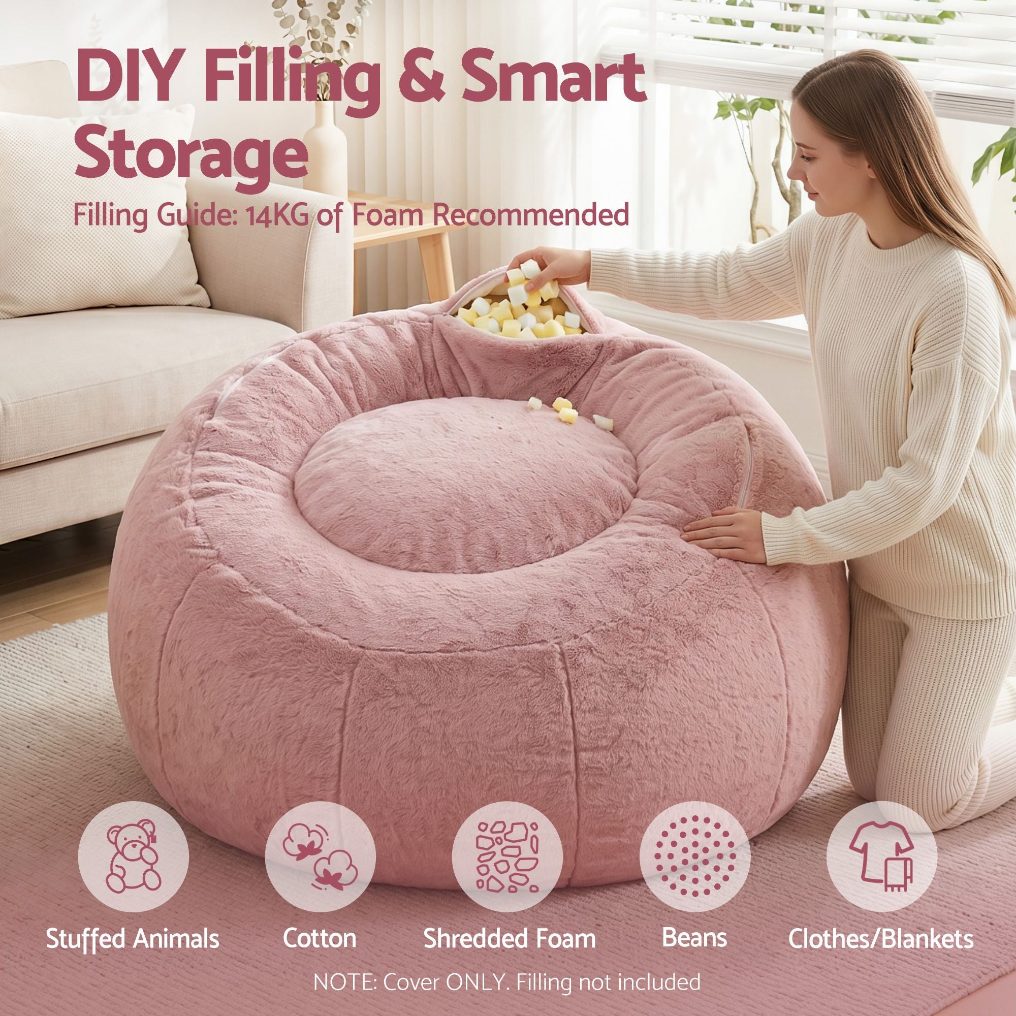 Bean Bag Chair Cover (No Filler) Soft Faux Fur Beanbag Cover Large Round Stuffed Animal Storage Bean Bag Cover Washable Lazy Sofa Cover for Adults Kids Teens, Pink
