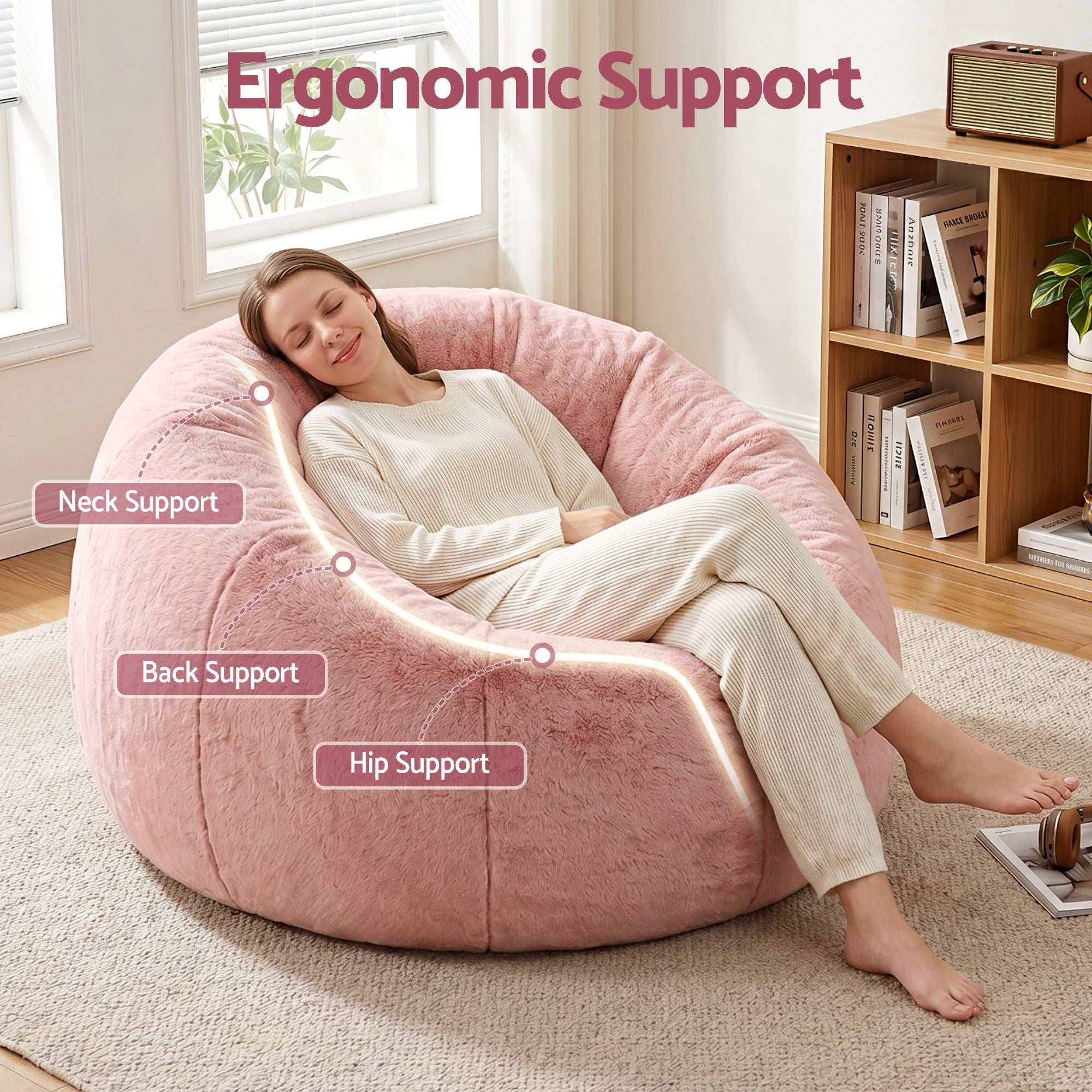 Bean Bag Chair Cover (No Filler) Soft Faux Fur Beanbag Cover Large Round Stuffed Animal Storage Bean Bag Cover Washable Lazy Sofa Cover for Adults Kids Teens, Pink