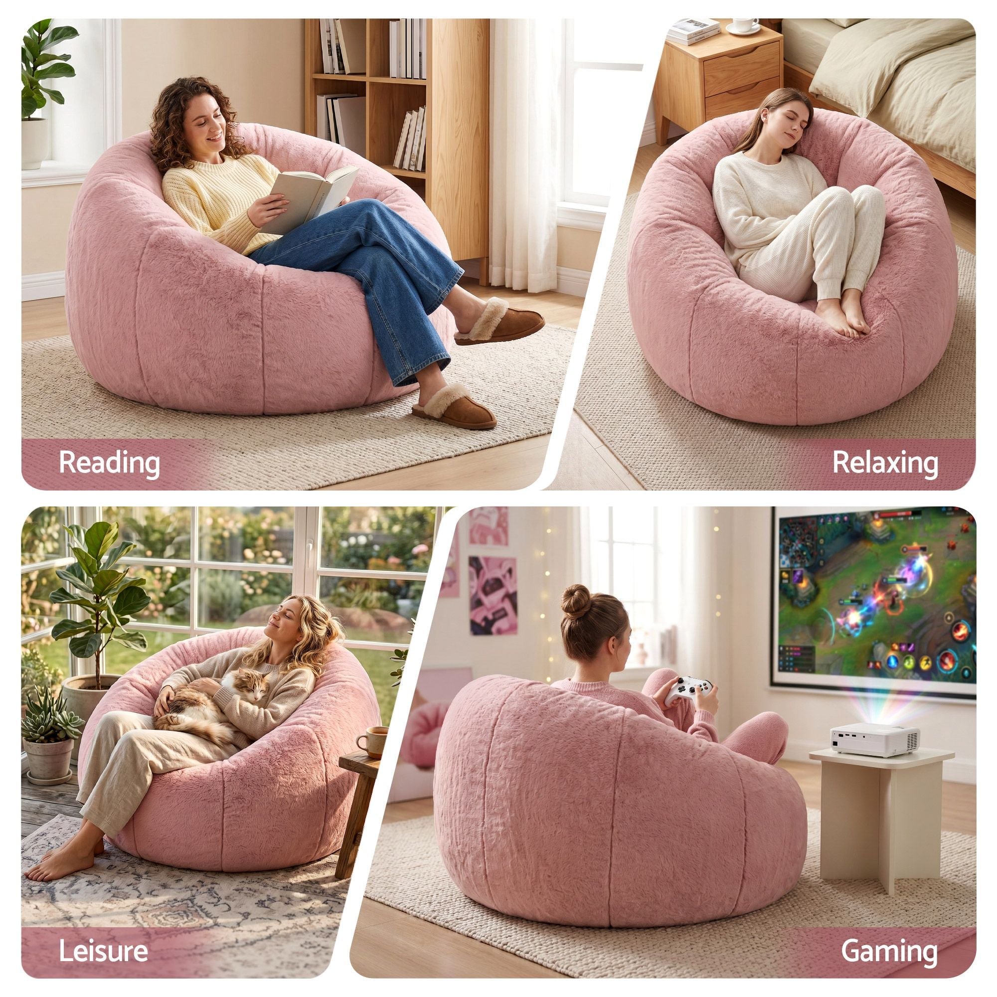 Bean Bag Chair Cover (No Filler) Soft Faux Fur Beanbag Cover Large Round Stuffed Animal Storage Bean Bag Cover Washable Lazy Sofa Cover for Adults Kids Teens, Pink