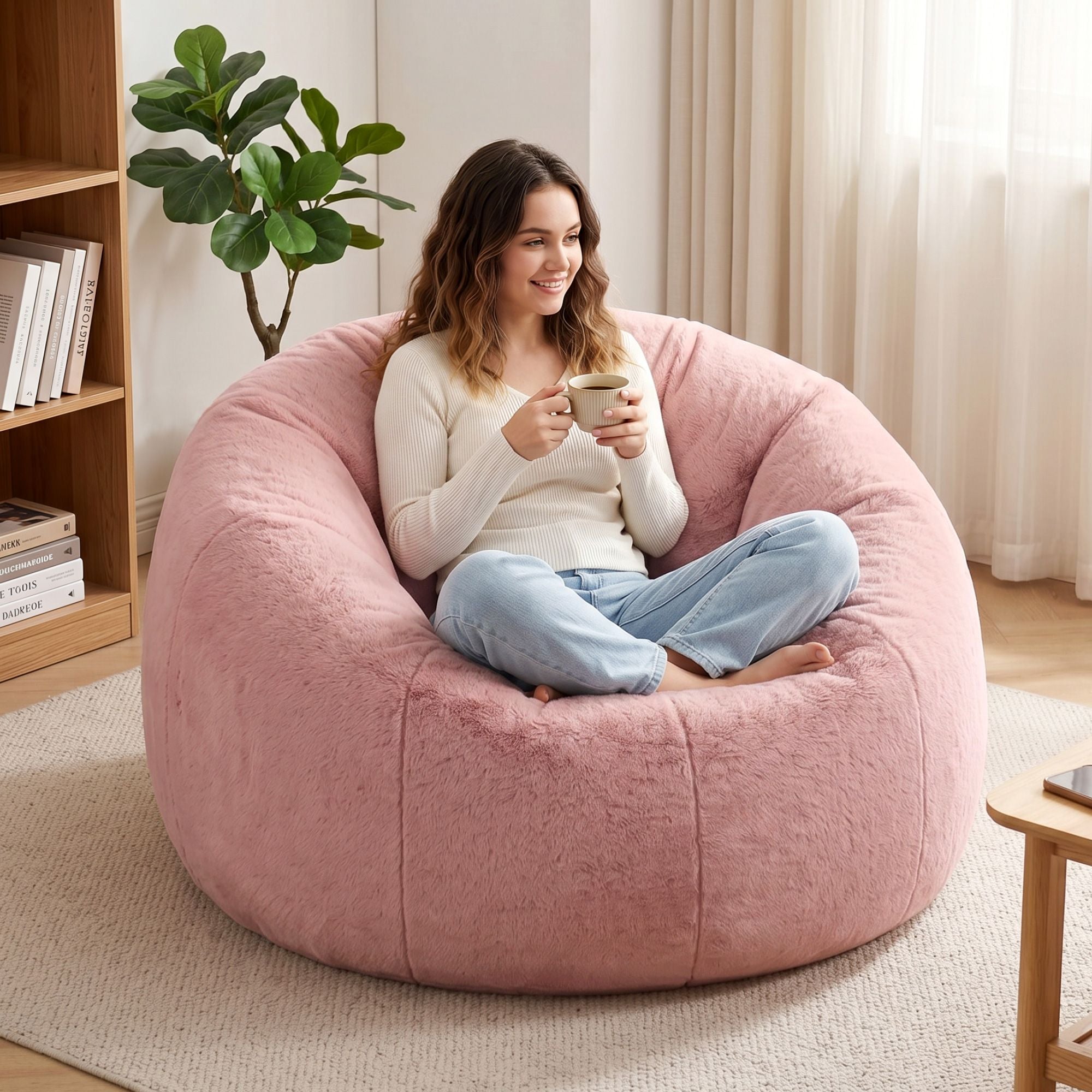 Bean Bag Chair Cover (No Filler) Soft Faux Fur Beanbag Cover Large Round Stuffed Animal Storage Bean Bag Cover Washable Lazy Sofa Cover for Adults Kids Teens, Pink