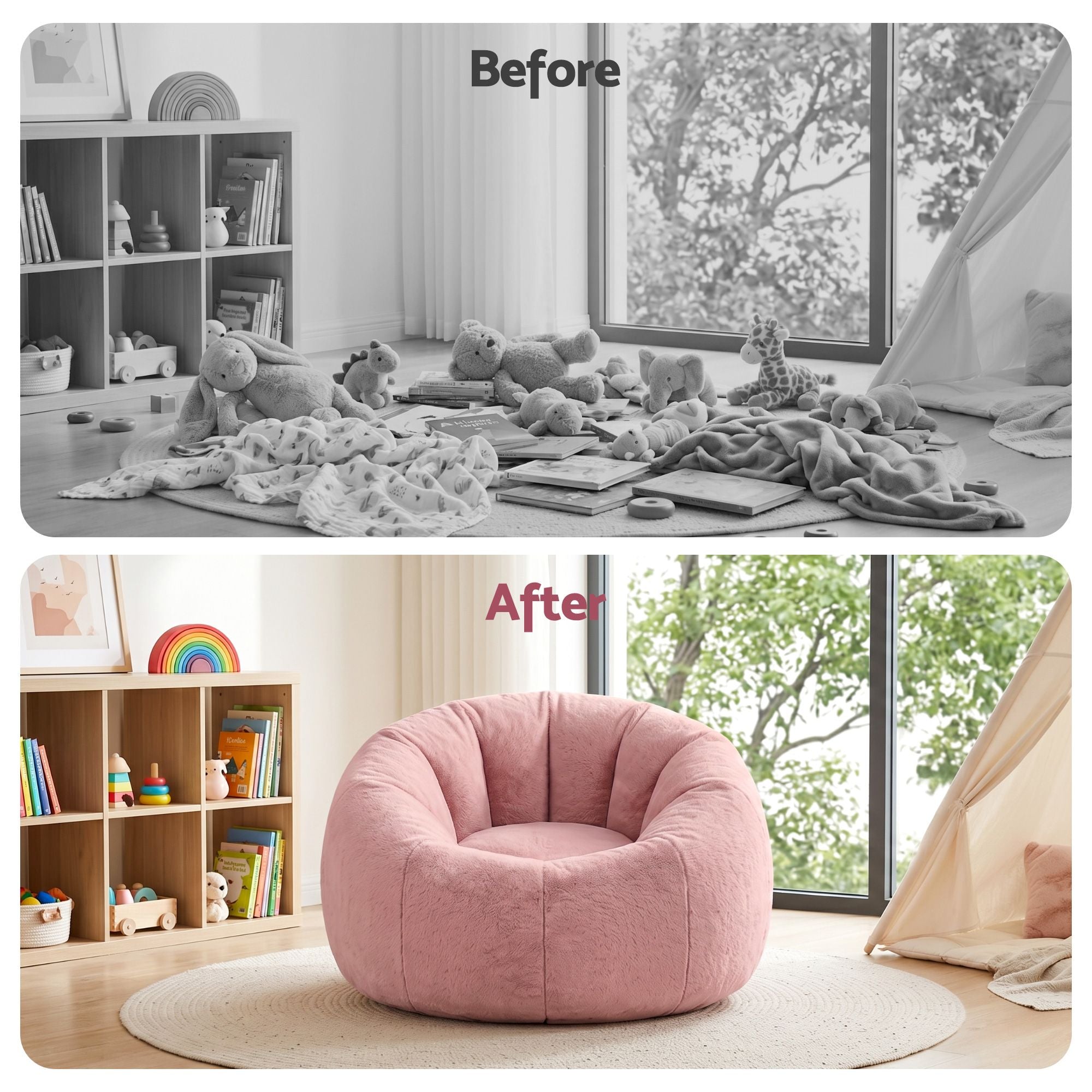 Bean Bag Chair Cover (No Filler) Soft Faux Fur Beanbag Cover Large Round Stuffed Animal Storage Bean Bag Cover Washable Lazy Sofa Cover for Adults Kids Teens, Pink
