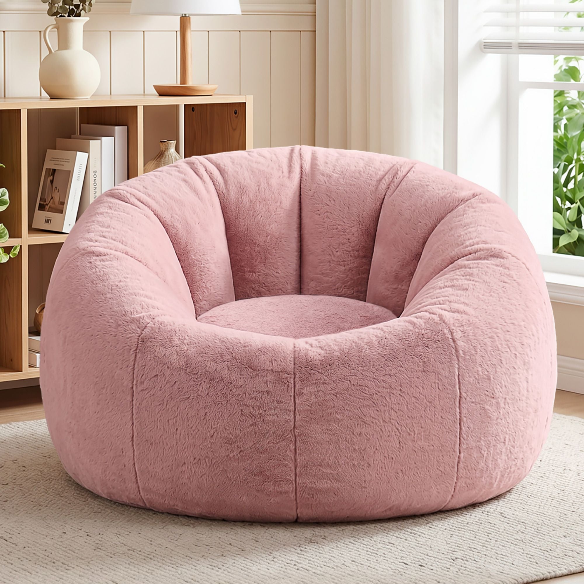 Bean Bag Chair Cover (No Filler) Soft Faux Fur Beanbag Cover Large Round Stuffed Animal Storage Bean Bag Cover Washable Lazy Sofa Cover for Adults Kids Teens, Pink