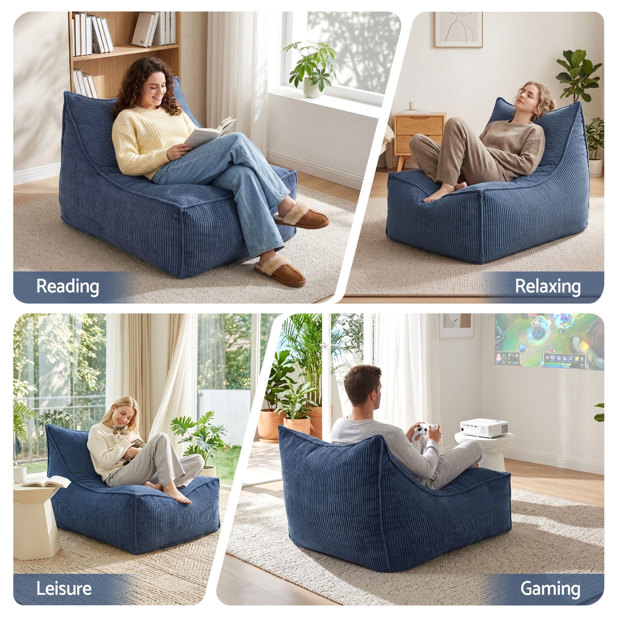 Bean Bag Chair Cover with Filler Soft Corduroy DIY Stuffed Animal Storage Bean Bag for Adults, Washable Lazy Sofa for Living Room Bedroom, Blue