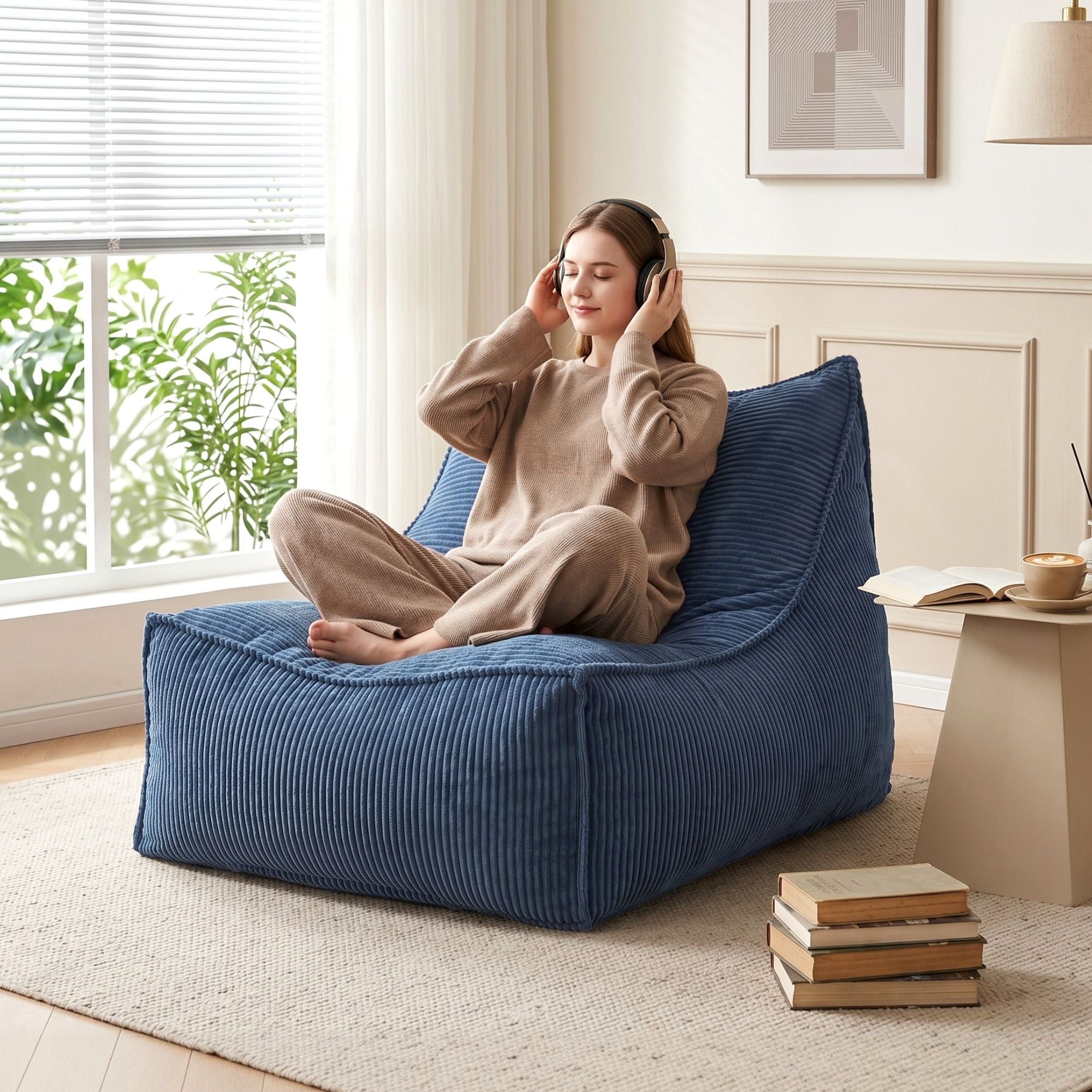 Bean Bag Chair Cover with Filler Soft Corduroy DIY Stuffed Animal Storage Bean Bag for Adults, Washable Lazy Sofa for Living Room Bedroom, Blue