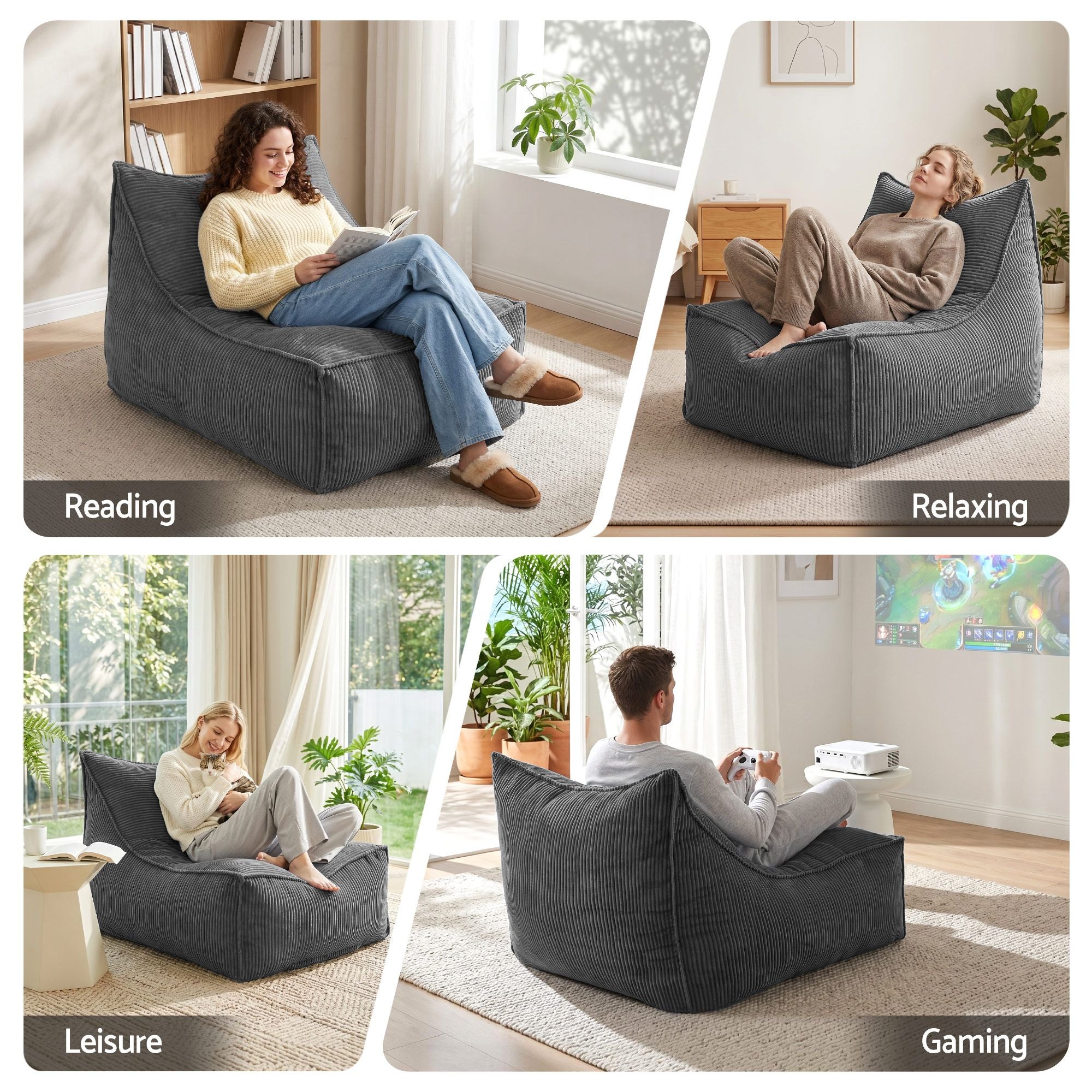 Bean Bag Chair Cover with Filler Soft Corduroy DIY Stuffed Animal Storage Bean Bag for Adults, Washable Lazy Sofa for Living Room Bedroom, Grey