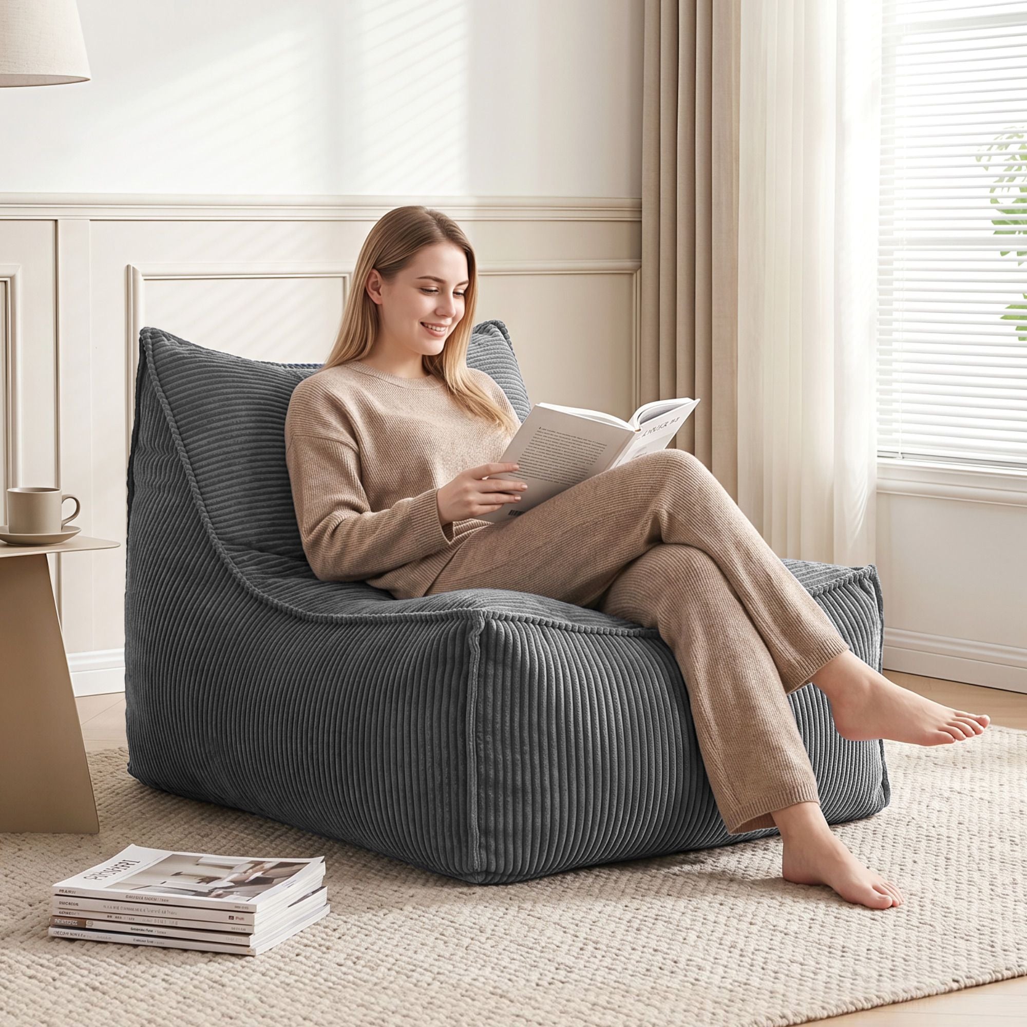 Bean Bag Chair Cover with Filler Soft Corduroy DIY Stuffed Animal Storage Bean Bag for Adults, Washable Lazy Sofa for Living Room Bedroom, Grey