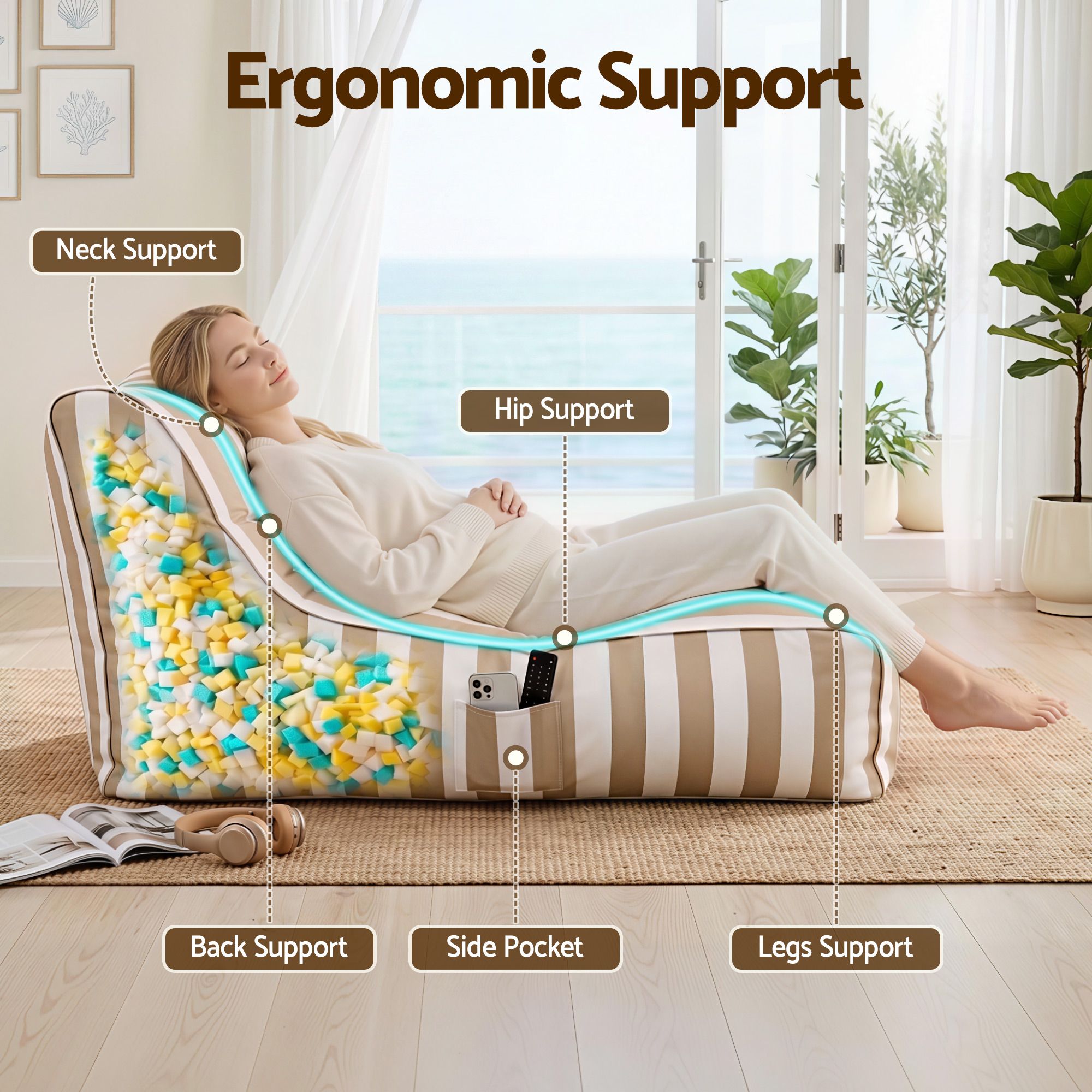Outdoor Bean Bag Chair with Filler Splash-Proof Beanbag Lounge DIY Stuffed Animal Storage Bean Bag Washable for Patio Poolside Relaxing, Taupe