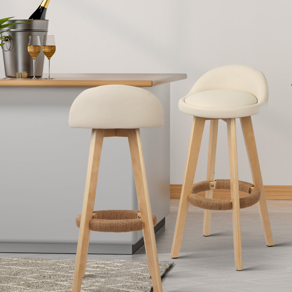 4x Bar Stools Padded Leather Wooden Beige