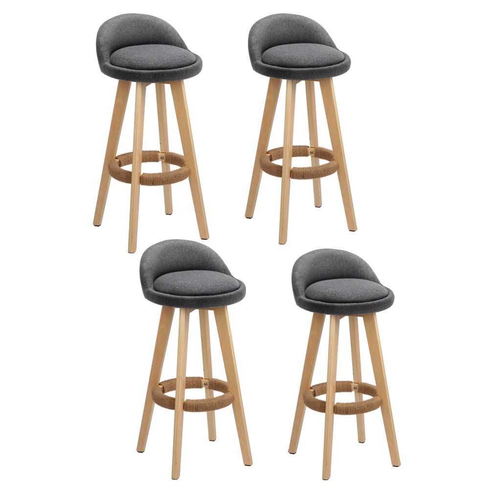 4x Bar Stools Padded Linen Wooden Grey