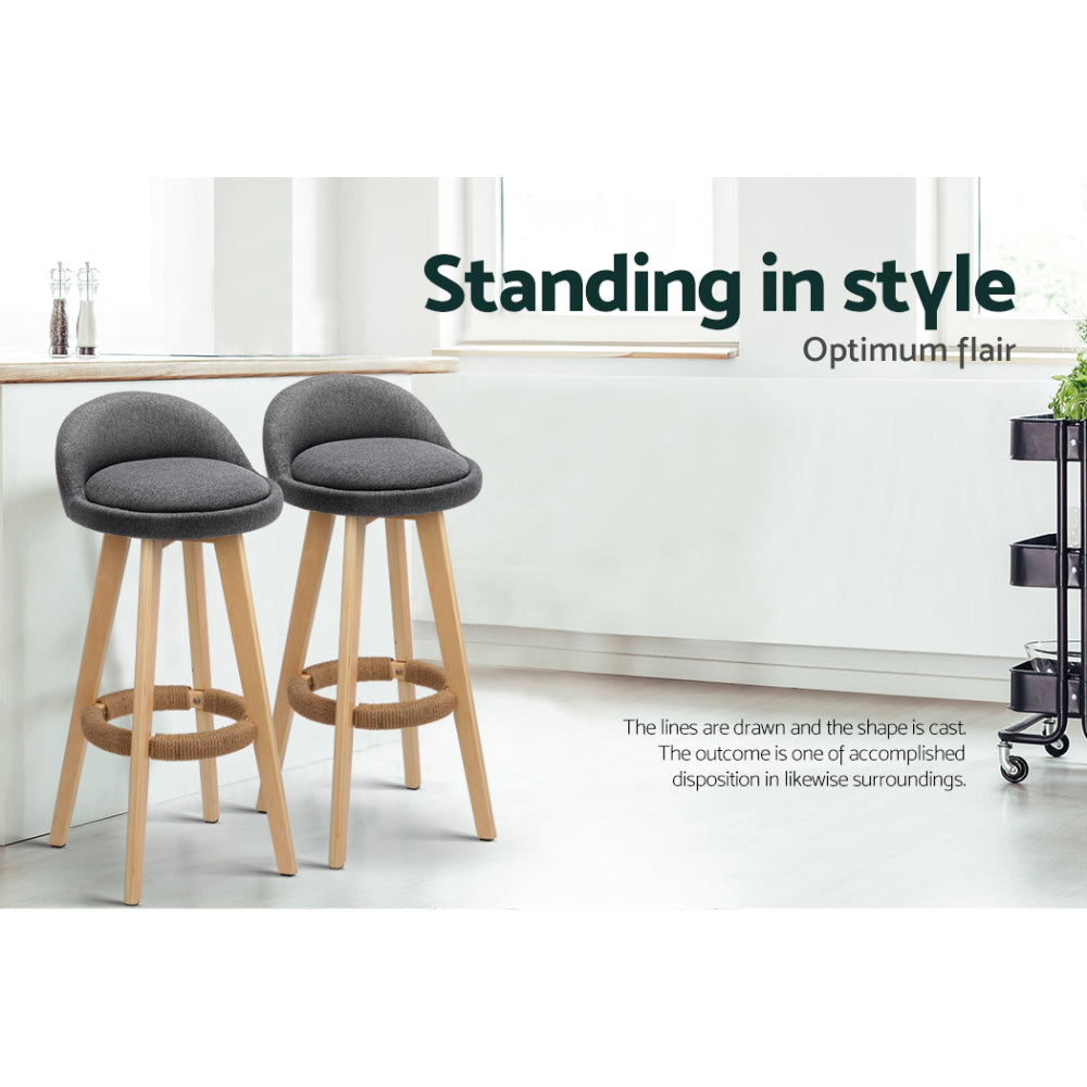 4x Bar Stools Padded Linen Wooden Grey