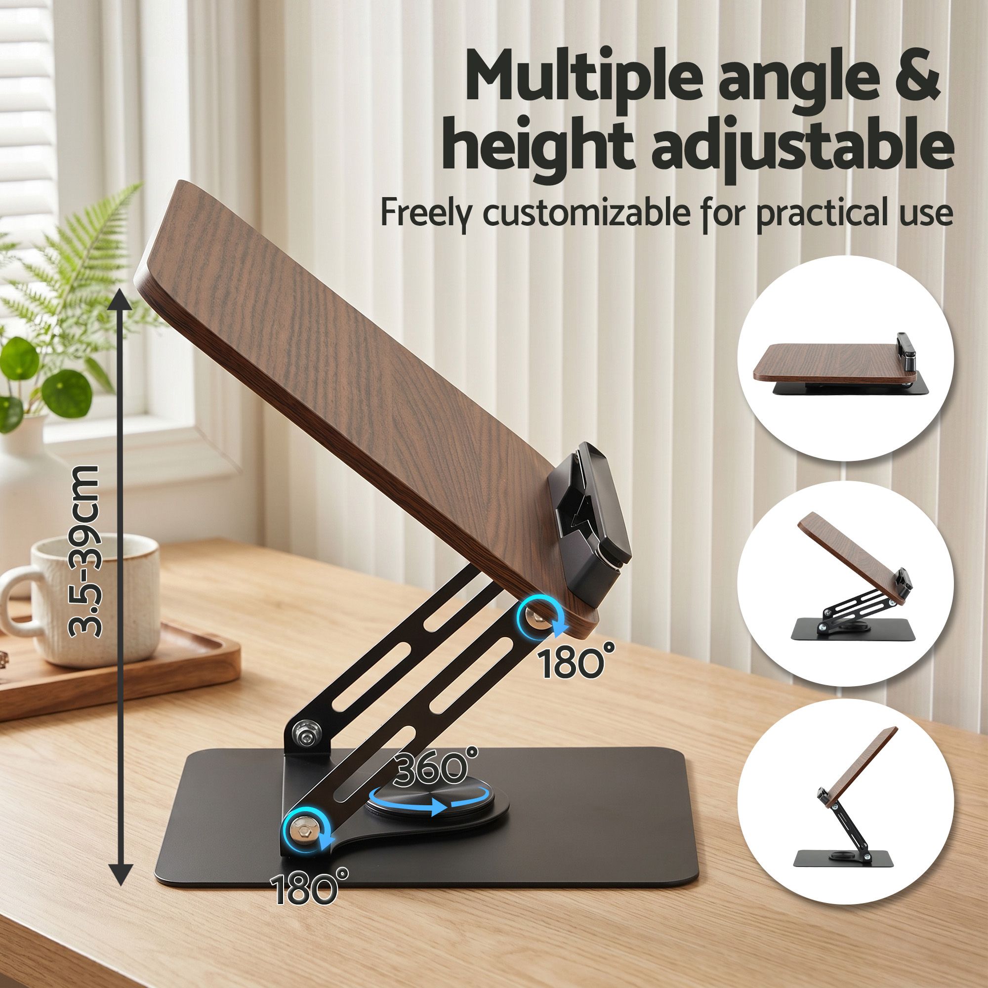 Book Stand Adjustable Book Holder Foldable Reading Rest Rack with 360 Degree Rotating Base and Page Clip