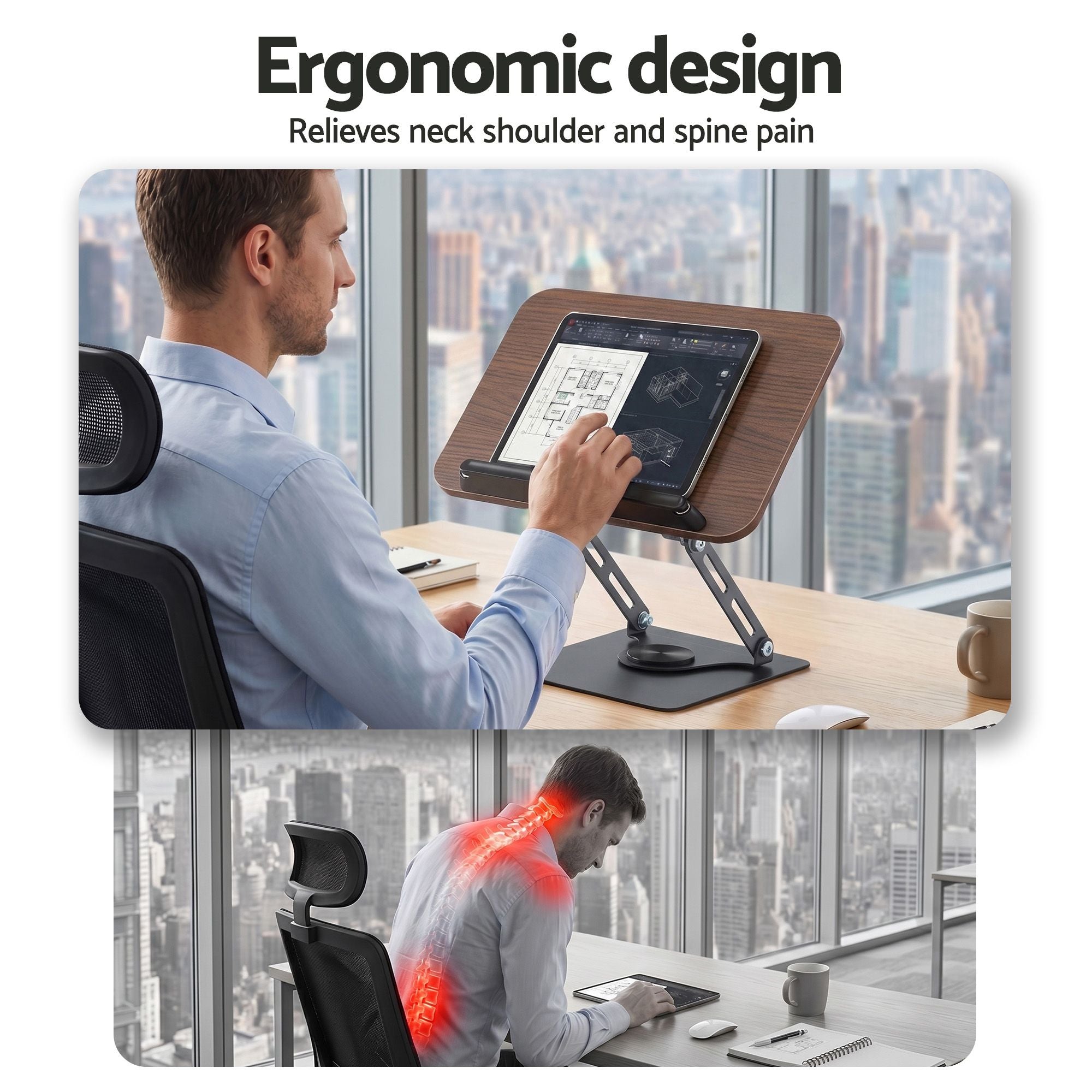 Book Stand Adjustable Book Holder Foldable Reading Rest Rack with 360 Degree Rotating Base and Page Clip