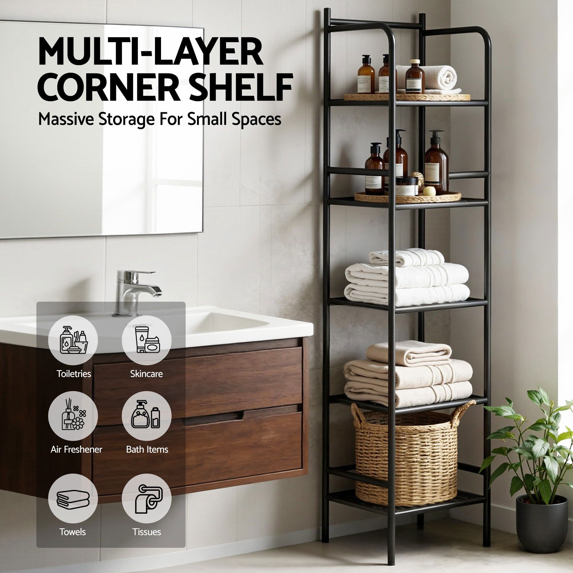 2X Floor Standing Corner Shower Caddy 5 Tier Bathroom Organizer Black