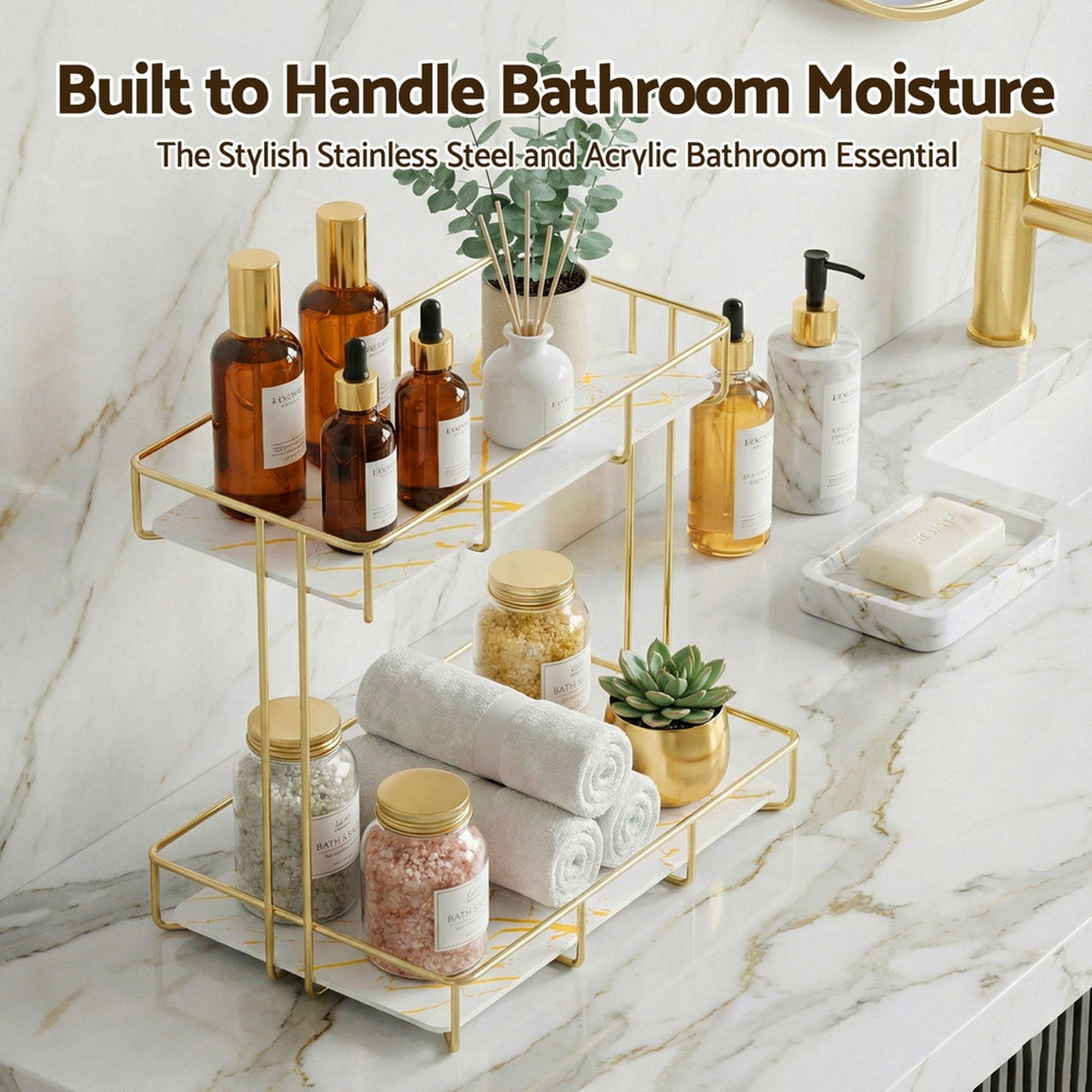 2X Bathroom Storage Rack 2 Tier Corner Organiser Gold Marble Look