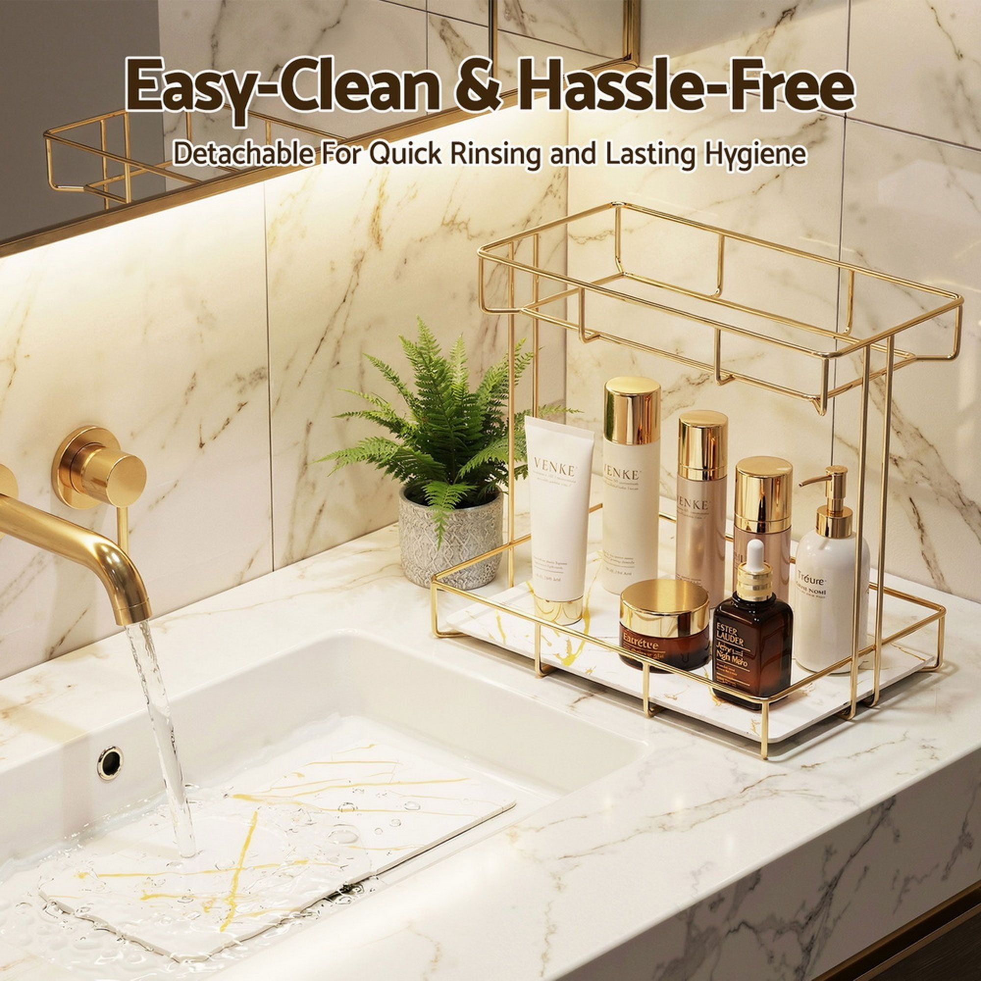 2X Bathroom Storage Rack 2 Tier Corner Organiser Gold Marble Look