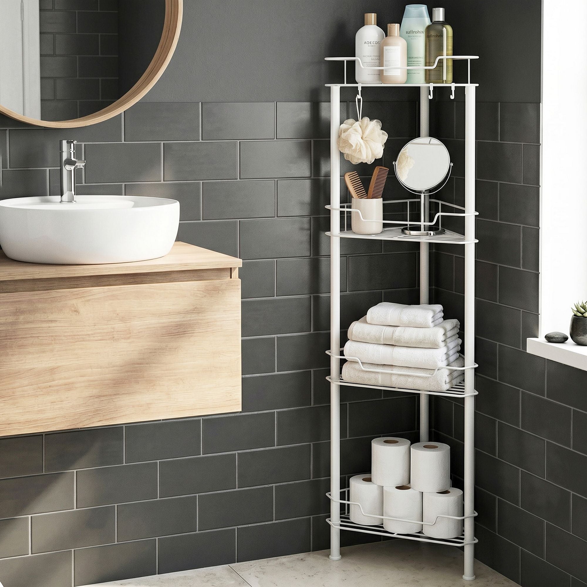 4 Tier Floor Standing Corner Shower Caddy Bathroom Organiser - White