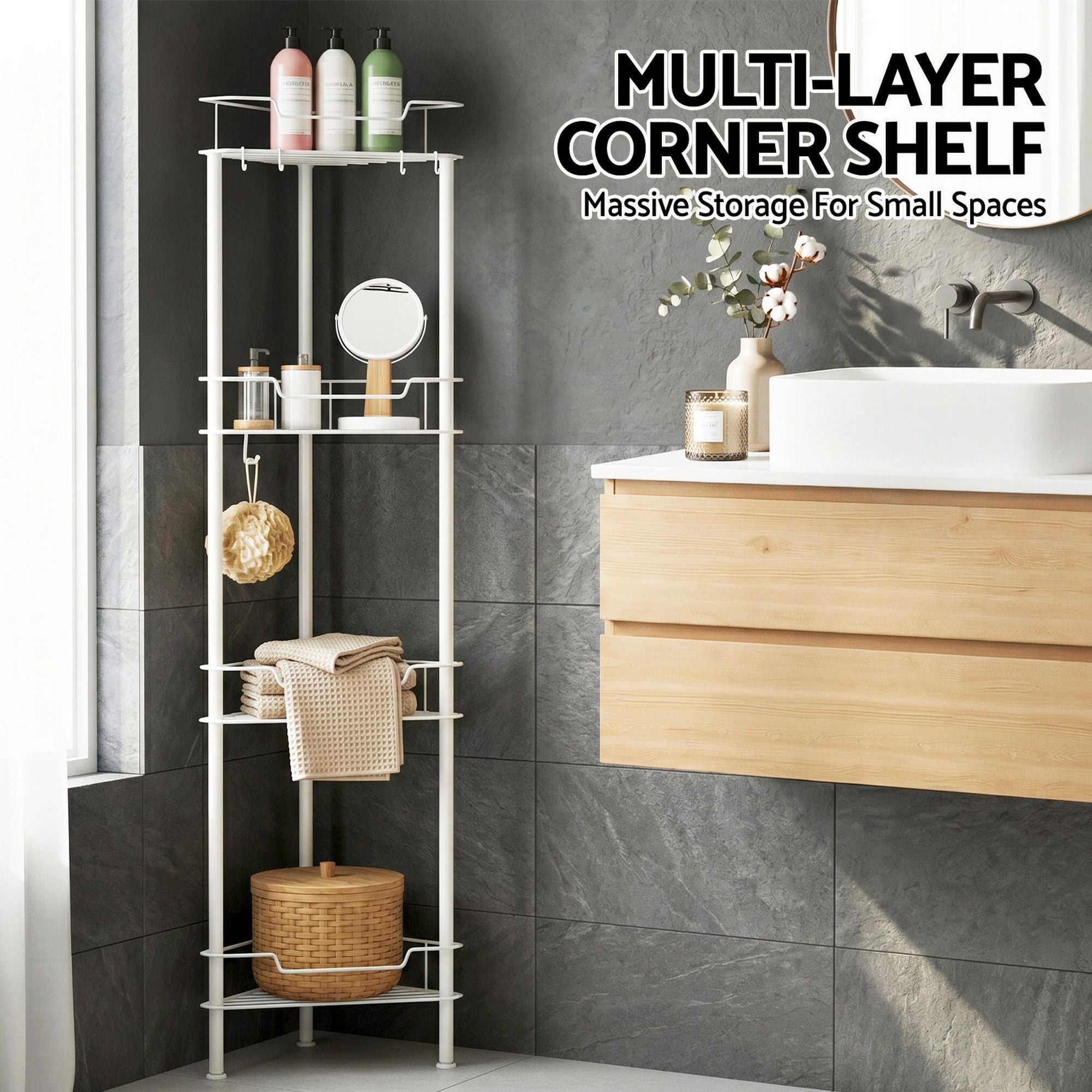 4 Tier Floor Standing Corner Shower Caddy Bathroom Organiser - White