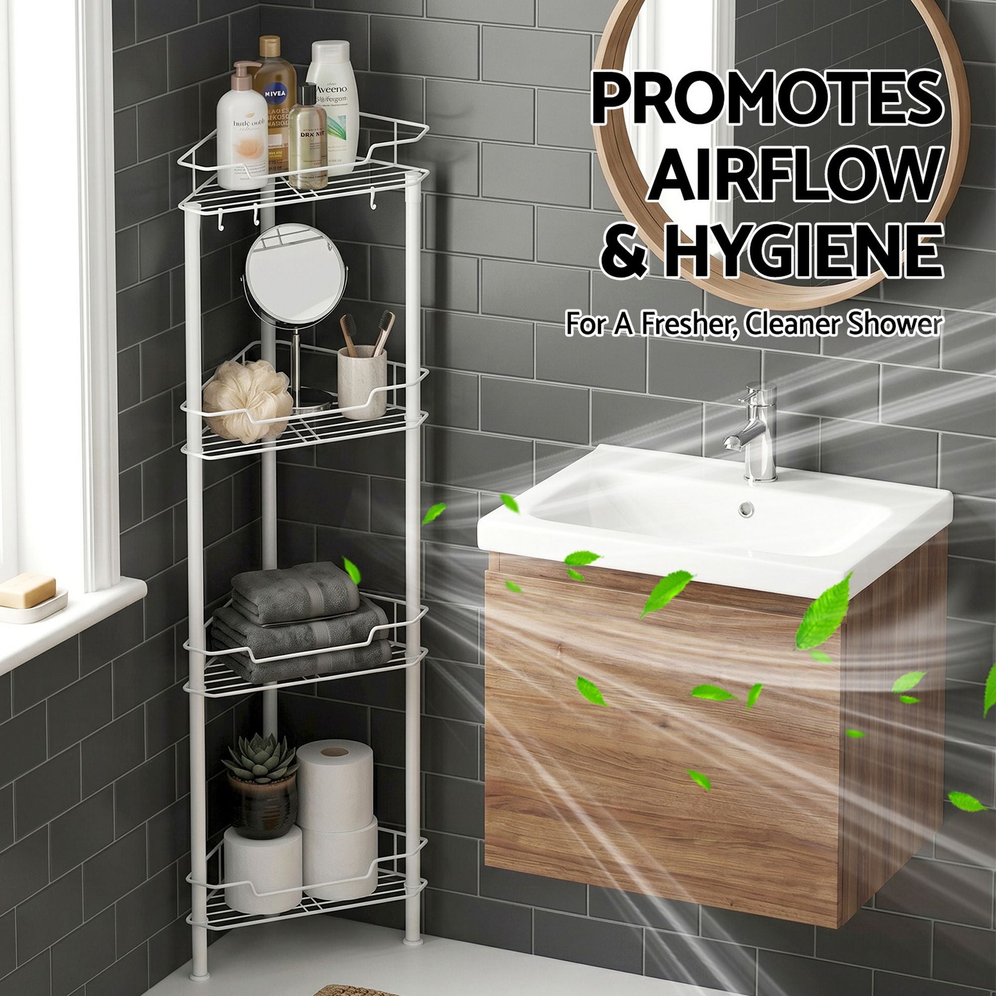4 Tier Floor Standing Corner Shower Caddy Bathroom Organiser - White